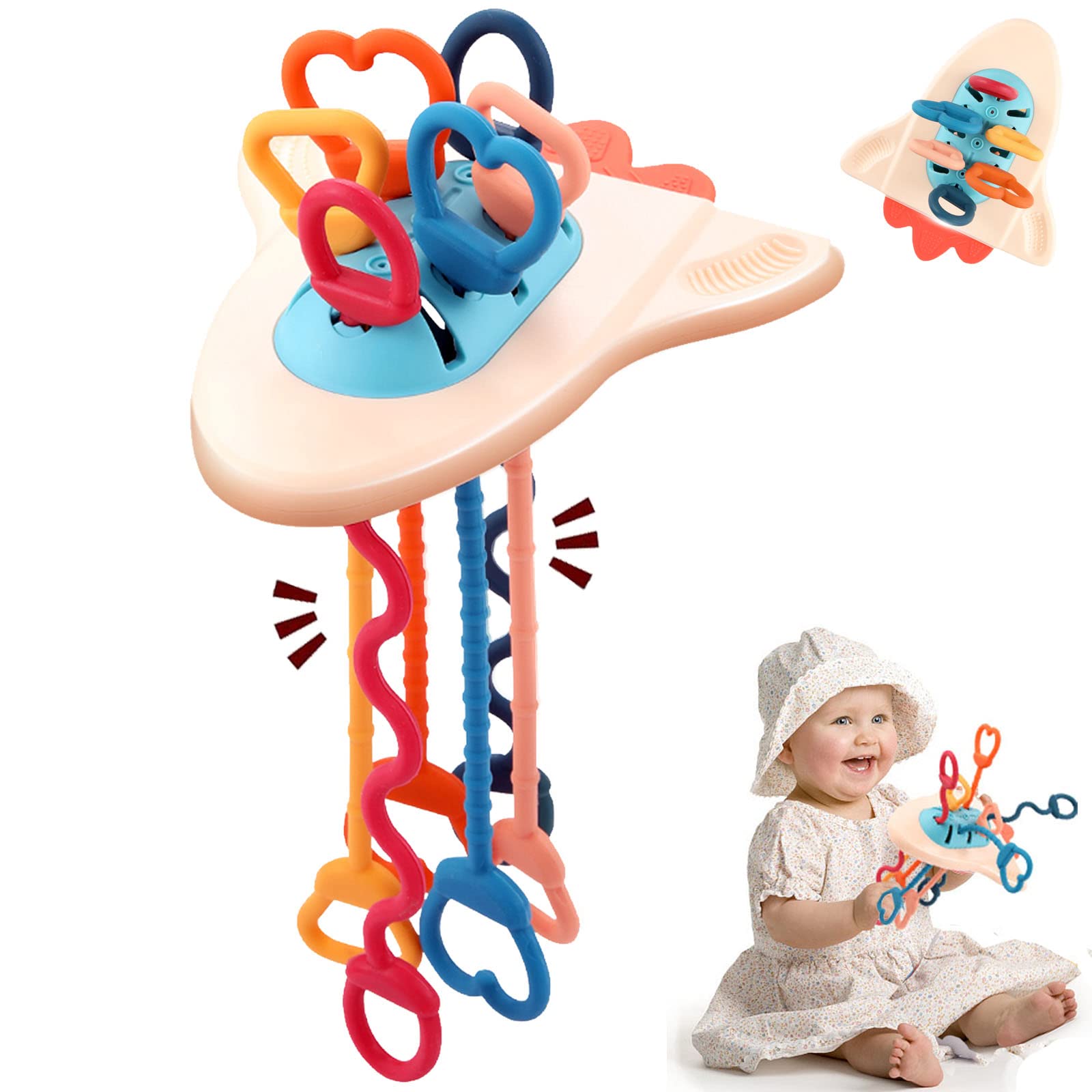Montessori Toys for Babies 6-12 Months - Food Grade Silicone Pull String Activity Toy with Teether | Sensory & Motor Skills Development Toy for Toddlers 1-3 Years | Perfect Travel Rattle Toy & Infant Gift for Home, Daycare & On-the-Go Play