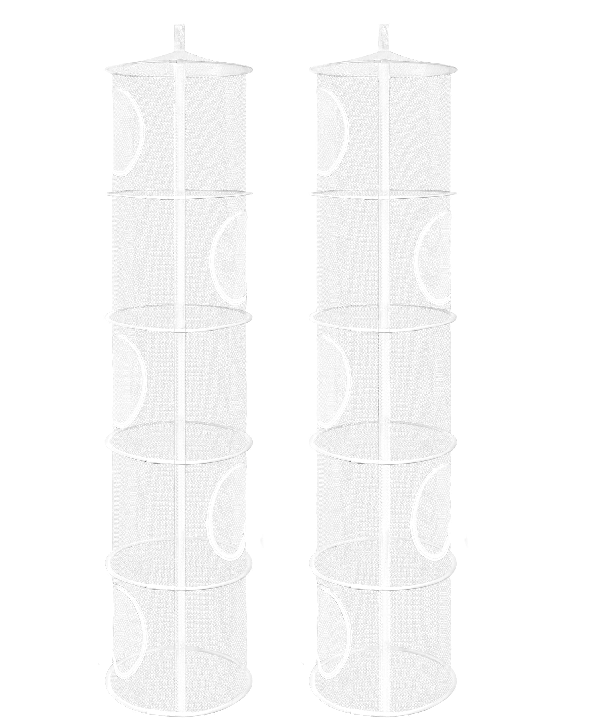 2Pcs Hanging Mesh Space Saver Bags Organizer - Foldable Stuffed Animal & Toy Storage with 5 Compartments for Kids Room, Gloves, Hats, Socks | Perfect for Closet, Nursery & Playroom Organization (White)