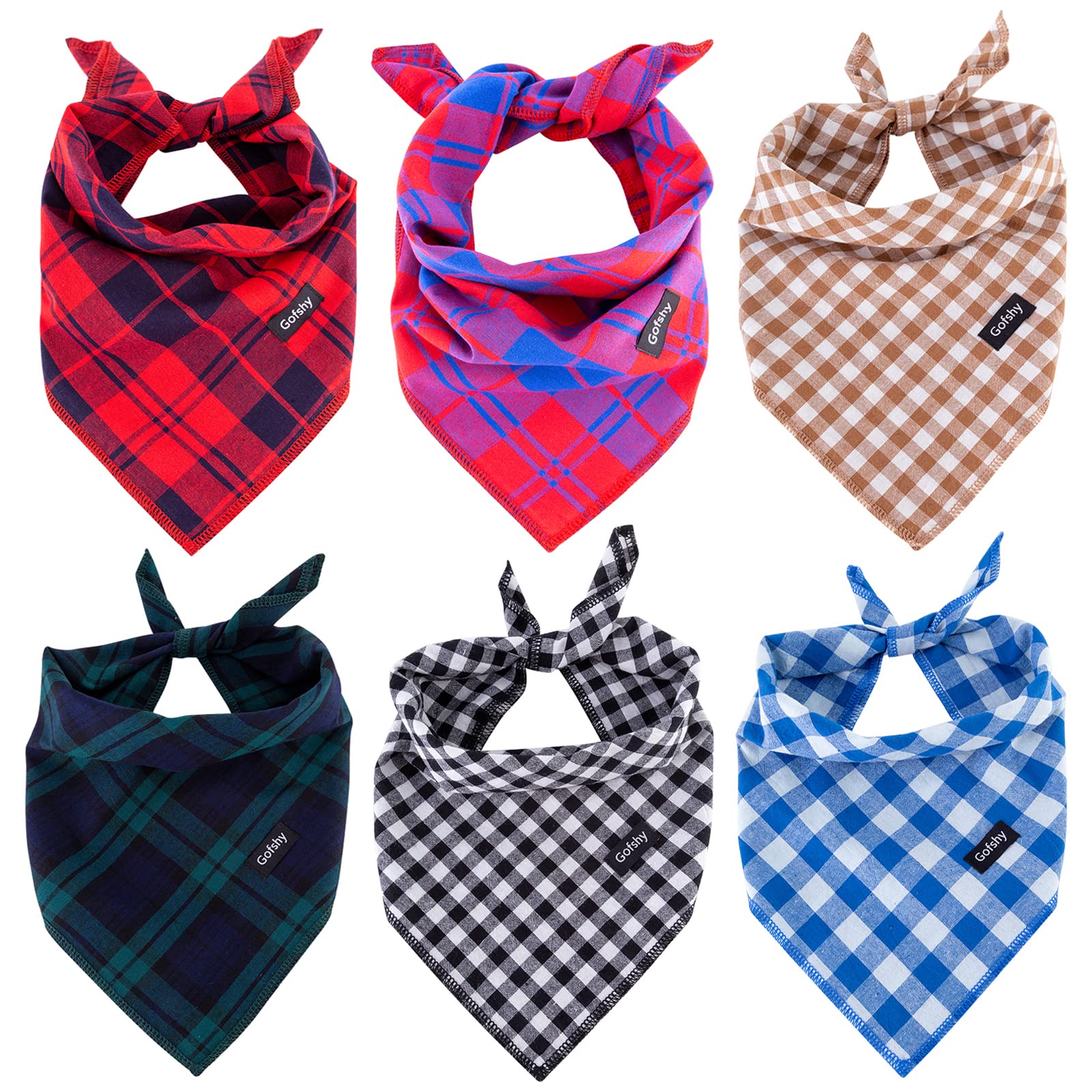 Gofshy 6PCS Adjustable Dog Bandanas - Red, Black, Brown, Blue, Green Plaid Print Dog Scarves for Small, Medium & Large Dogs - Perfect for Pet Gifts, Holidays & Outdoor Adventures
