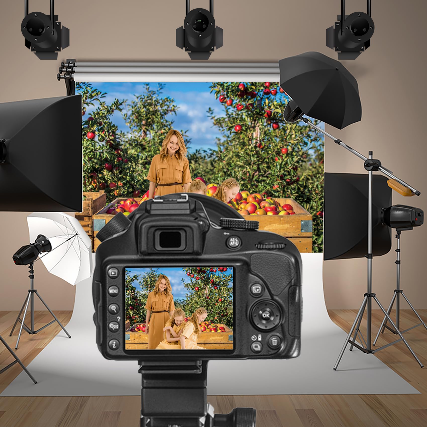 Baocicco 9x6ft Autumn Orchard Photography Backdrop - Farmland Apple Tree Scene with Wooden Crates for Thanksgiving Decor, Family Portraits, Vlog Background & Photo Booth Props - Perfect for Harvest Festivals, Fall Parties and Seasonal Photography