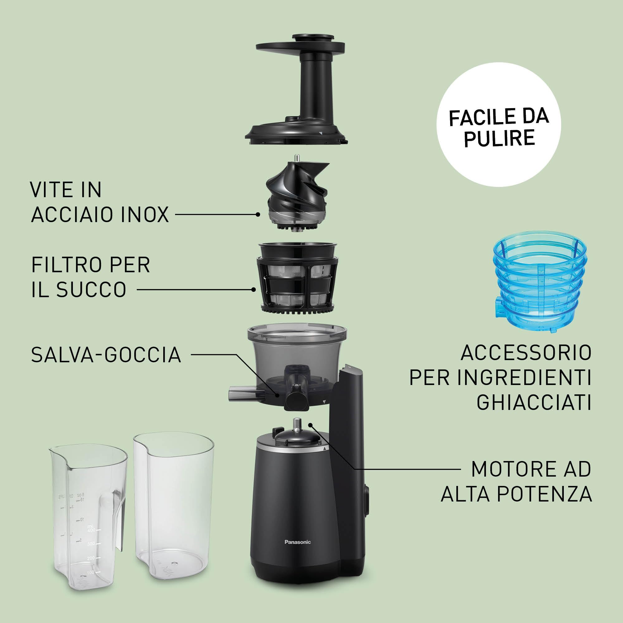 Panasonic MJ-L501KXE Slow Juicer - 150W Electric Cold Press Juicer for Fruits and Vegetables - Stainless Steel & Plastic Body - Slim & Elegant Design - Includes Frozen Fruit Attachment (Black) - Perfect for Healthy Juicing, Detox Drinks, and Homemade Baby Food