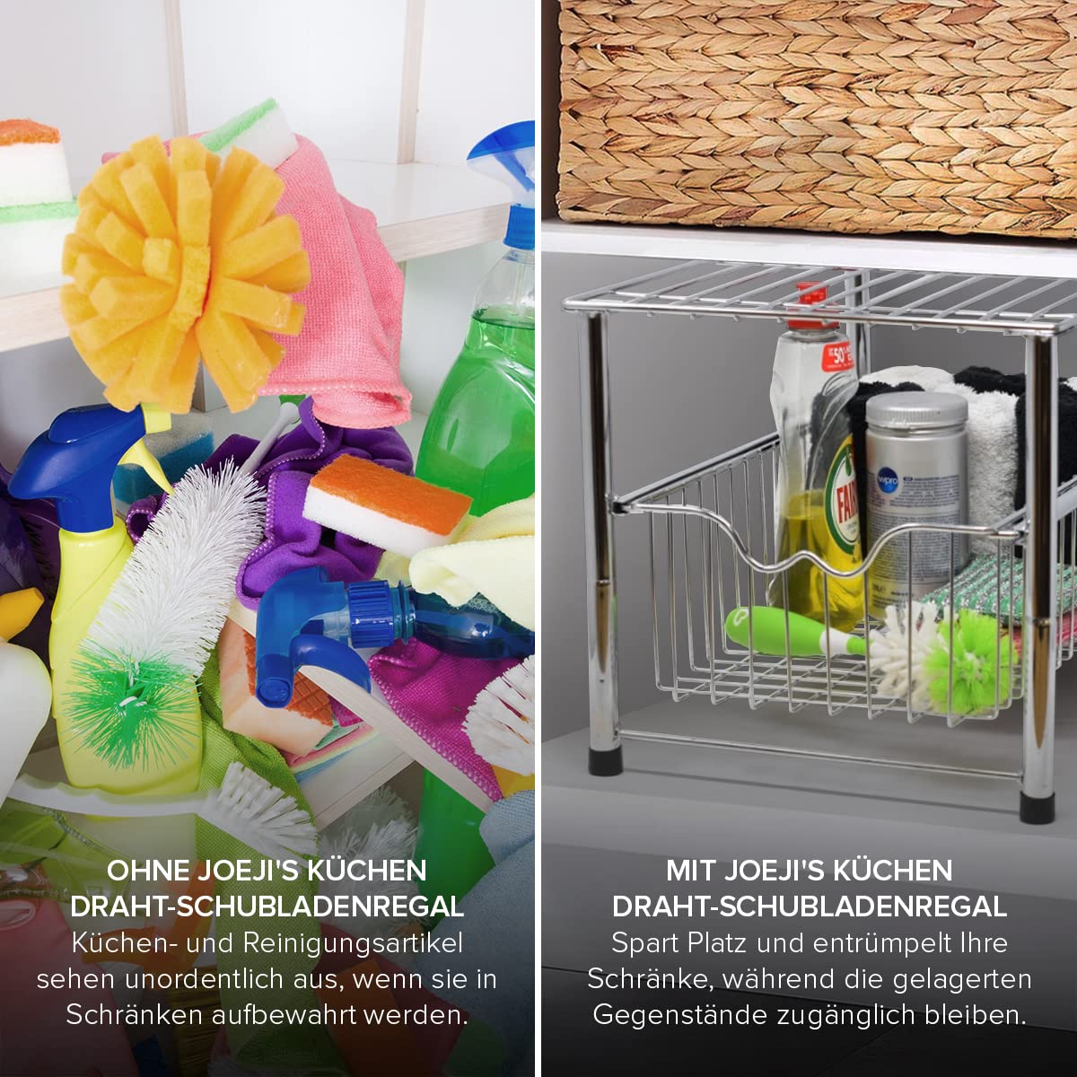 Joeji's Under Sink Organizer - Multi-Purpose Kitchen Cabinet Storage Basket, Iron Chrome Drawer Organizer for Bathroom & Kitchen (Perfect for Sponges, Soaps & Cleaning Supplies)
