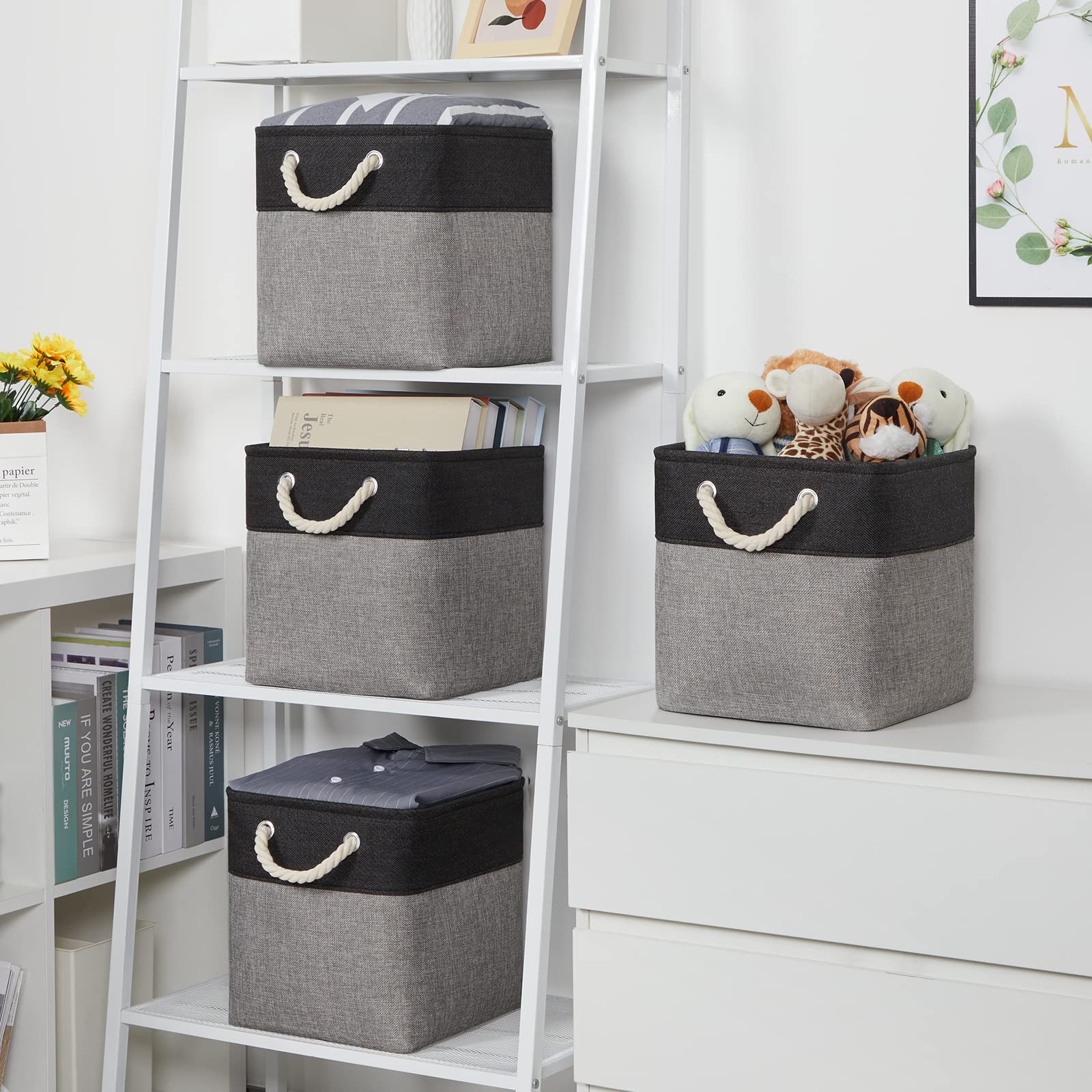 4-Pack Temary Fabric Storage Baskets - Collapsible Cloth Cube Organizer with Handles for Shelves, Closet & Home Organization (Black & Gray) | Perfect for Bedroom, Nursery & Office Storage Solutions