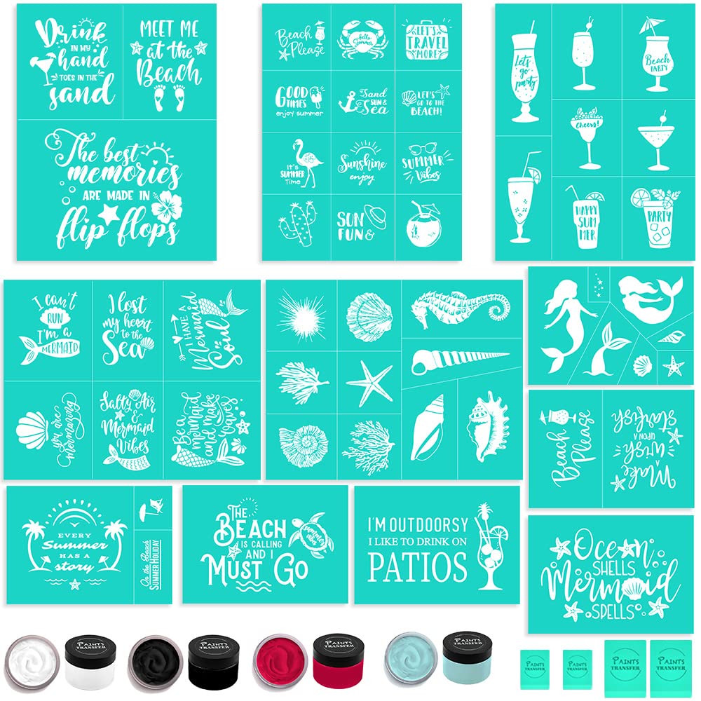 11PC Silk Screen Stencils Kit for Painting on Wood - Summer Themed Chalk Stencils, Self-Adhesive & Washable Reusable Mesh Transfers - Perfect for DIY Crafts, Home Decor, and Chalk Paste Art Projects