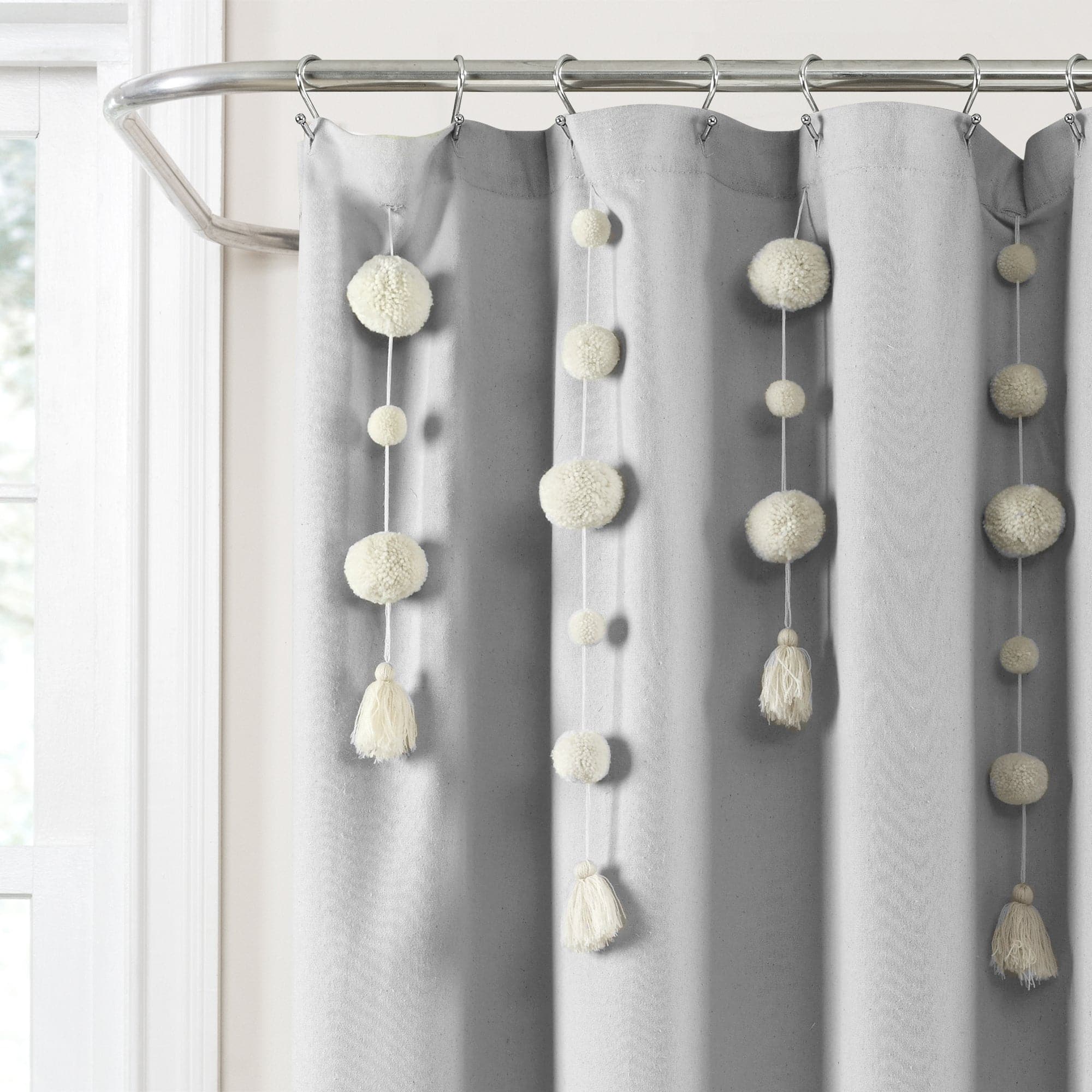 Boho Pom Pom Tassel Faux Linen Shower Curtain - Waterproof Bathroom Decor for Bohemian Style, Farmhouse & Coastal Homes (72x72 Inches) - Perfect for Master Bath, Guest Bath & Kids' Bathroom