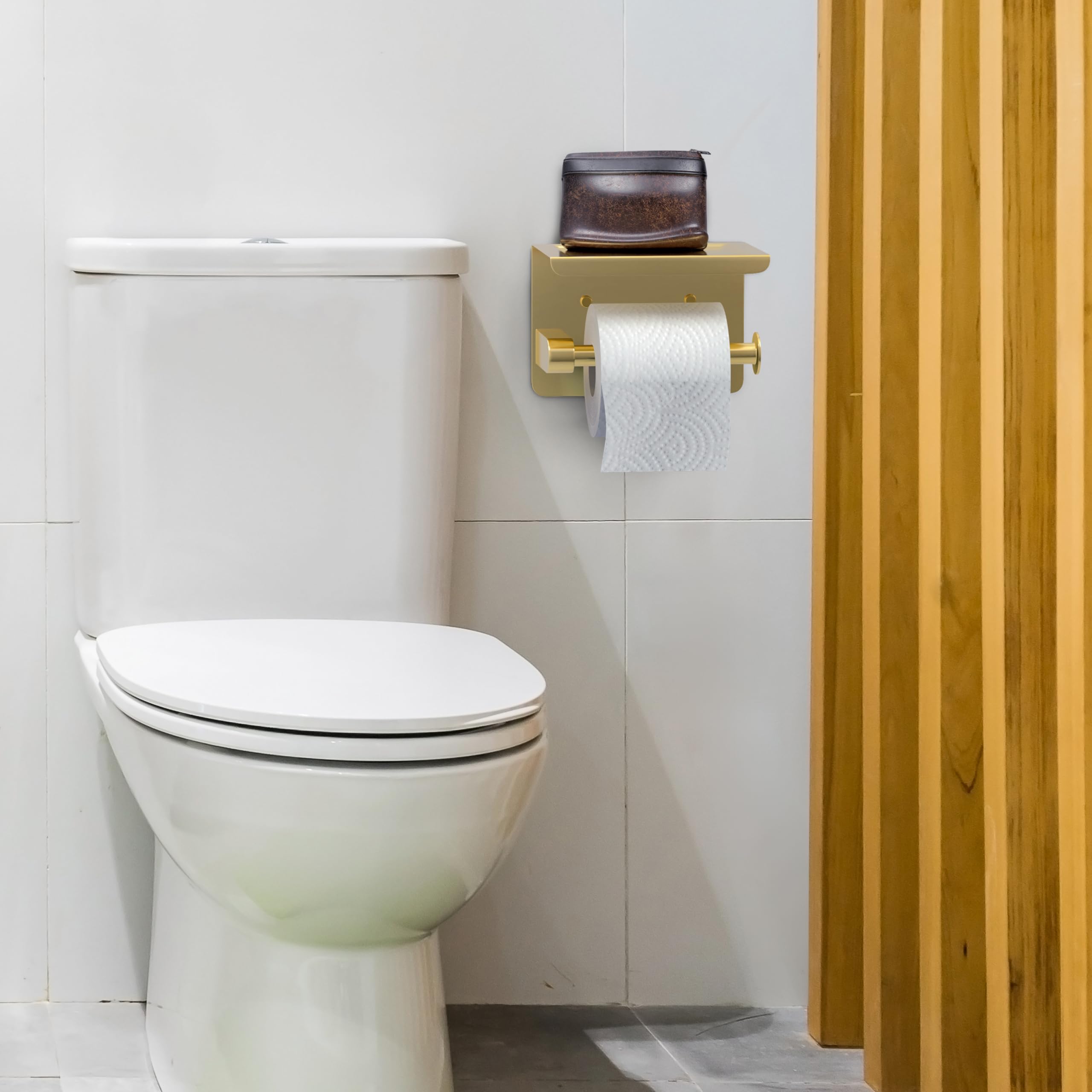 Premium Brushed Gold Toilet Paper Holder with Shelf - SUS304 Stainless Steel Waterproof Wall Mounted Bathroom Tissue Holder - Screw & Adhesive Installation - Ideal for Modern Bathrooms, Powder Rooms & Guest Baths (1 Pack)