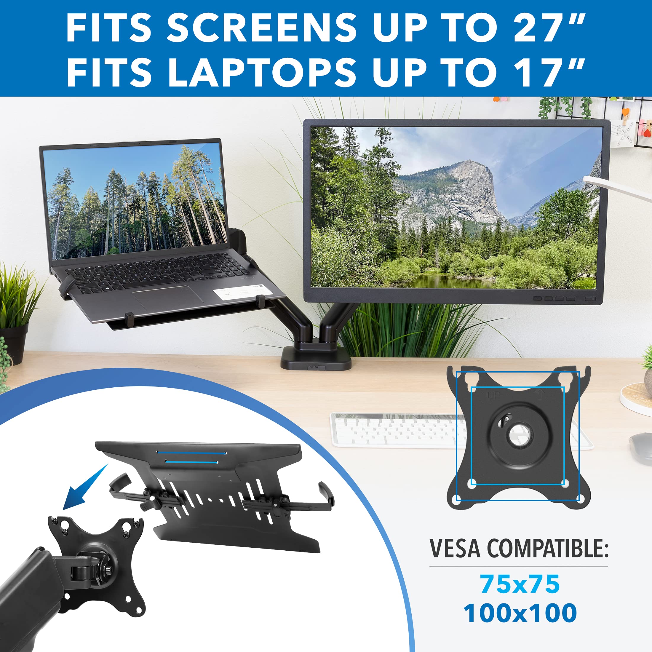 Mount-It! Adjustable Full Motion Laptop & Monitor Stand - Ergonomic VESA Mount with Laptop Tray for Home Office & Gaming Setup - Dual Screen Workspace Solution for Desktops & Laptops