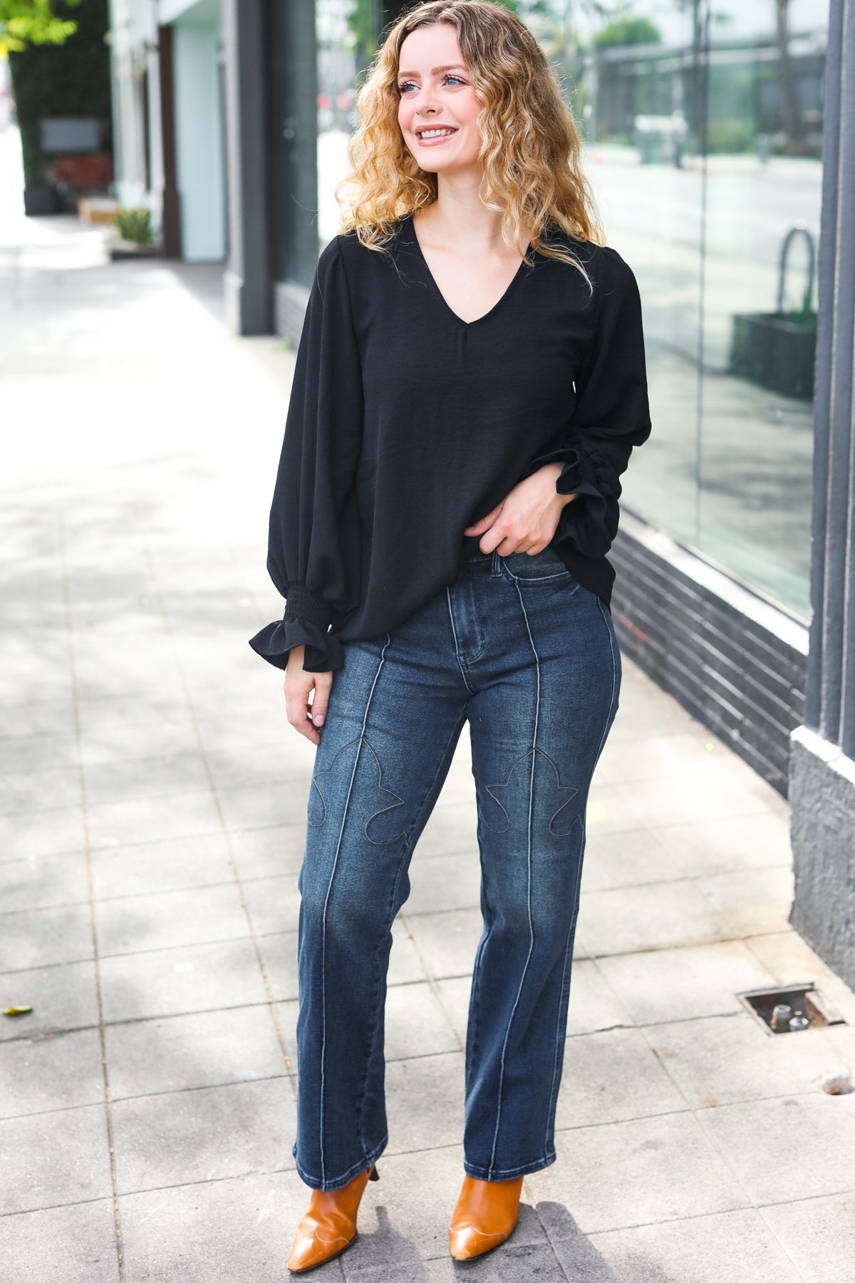 Hello Beautiful Black Smocked Bubble Sleeve Woven Top - Women's Elegant Blouse for Casual Wear, Date Night & Office Outfits