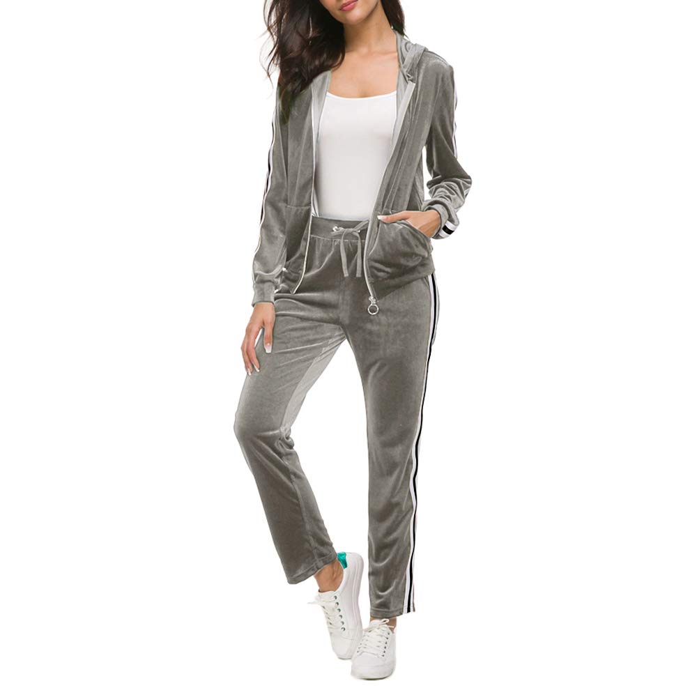 Women's 2 Piece Solid Velvet Tracksuit Set - Striped Full Zip Hoodie & Lounge Pants | Soft Velour Jogger Outfit for Casual Wear, Gym, and Home Relaxation