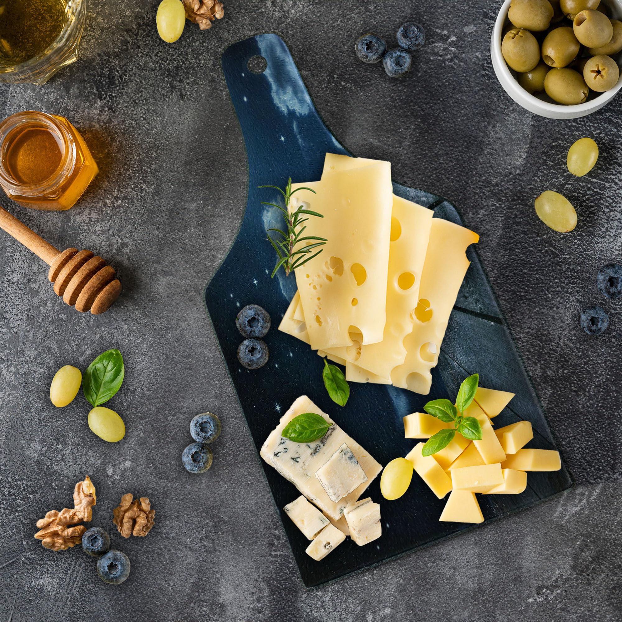 Ambesonne Dark Blue Wooden Cutting Board - Celestial Night Sky with Stars, Clouds & Crescent Moon - Decorative Tempered Glass Serving Board (Wine Bottle Shape) - Perfect for Cheese Platters, Charcuterie & Wine Pairings - Dark Blue & White Kitchen Decor