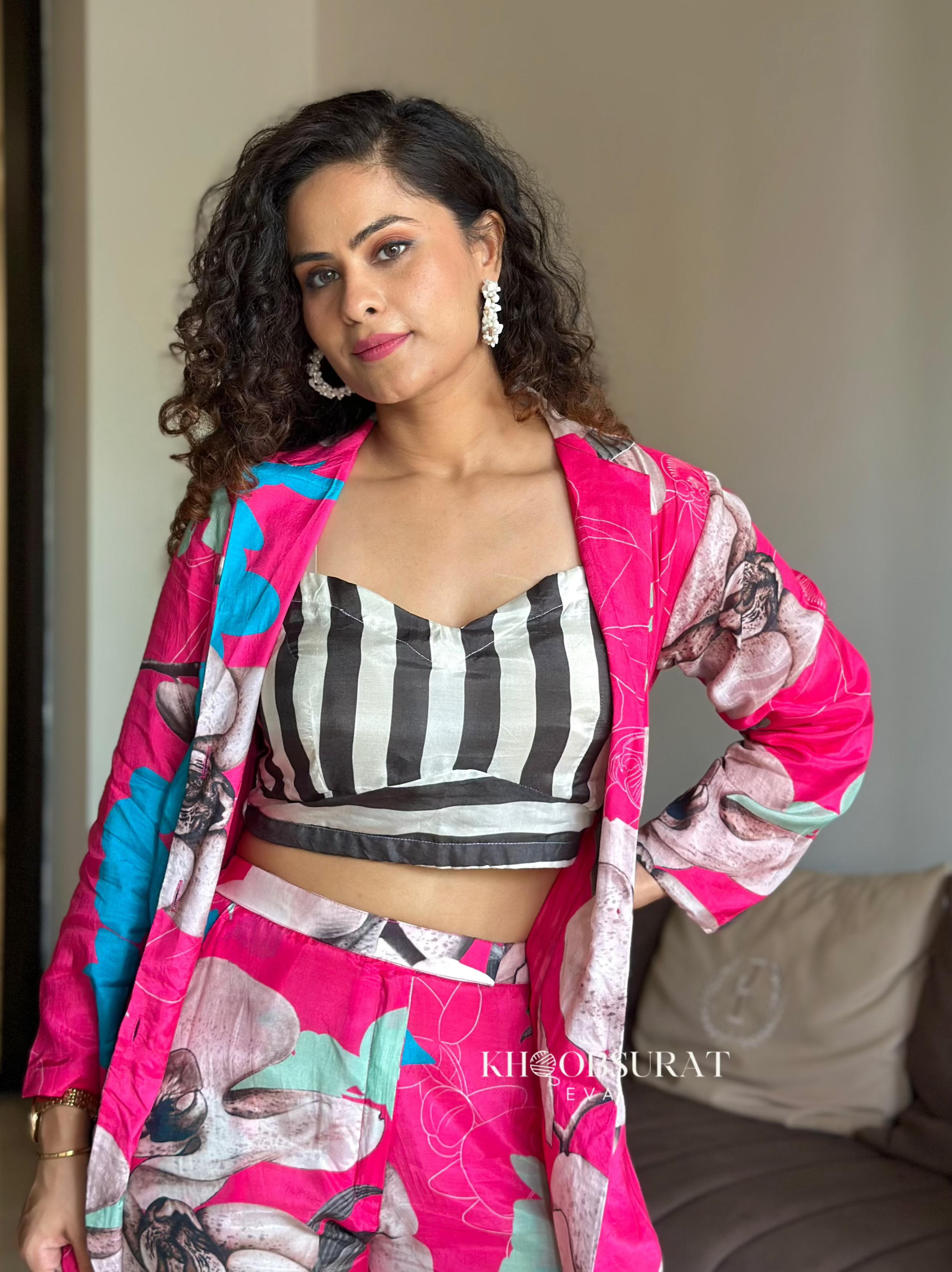 Stylish Pink Floral Blazer Coord Set for Women - Office Wear & Spring Outfits | Trendy Matching Jacket & Pants Suit