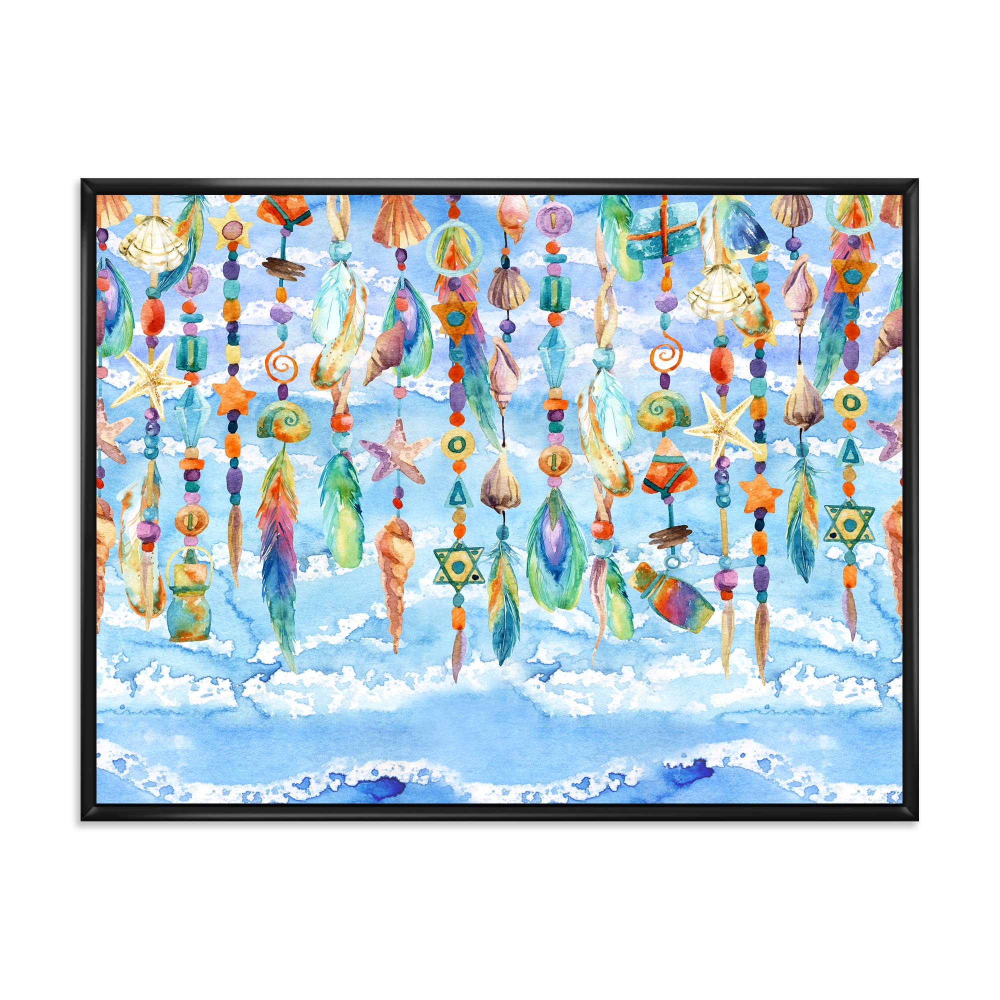 DesignQ Sea Shell & Bead Jewelry Wall Art - Handmade Traditional Framed Canvas Print for Beach House Decor, Coastal Living Room, Bedroom & Office Wall Decor