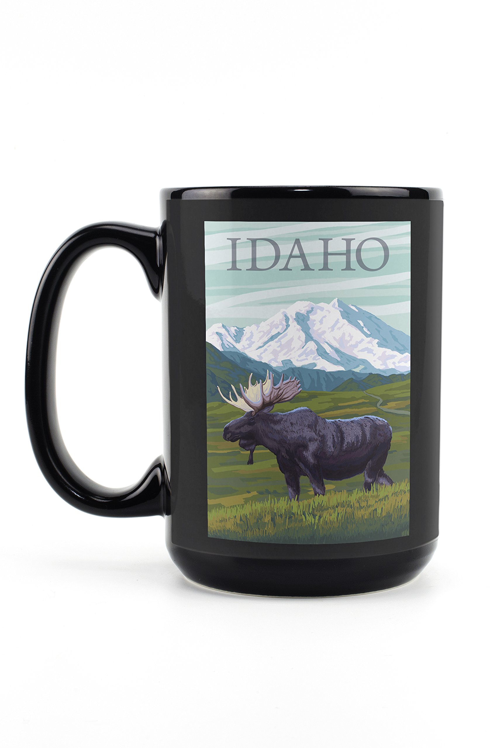 Lantern Press Idaho Moose and Snowy Mountain 15oz Black Ceramic Coffee Mug - Microwave & Dishwasher Safe - Perfect for Camping, Office Use & Gift Giving