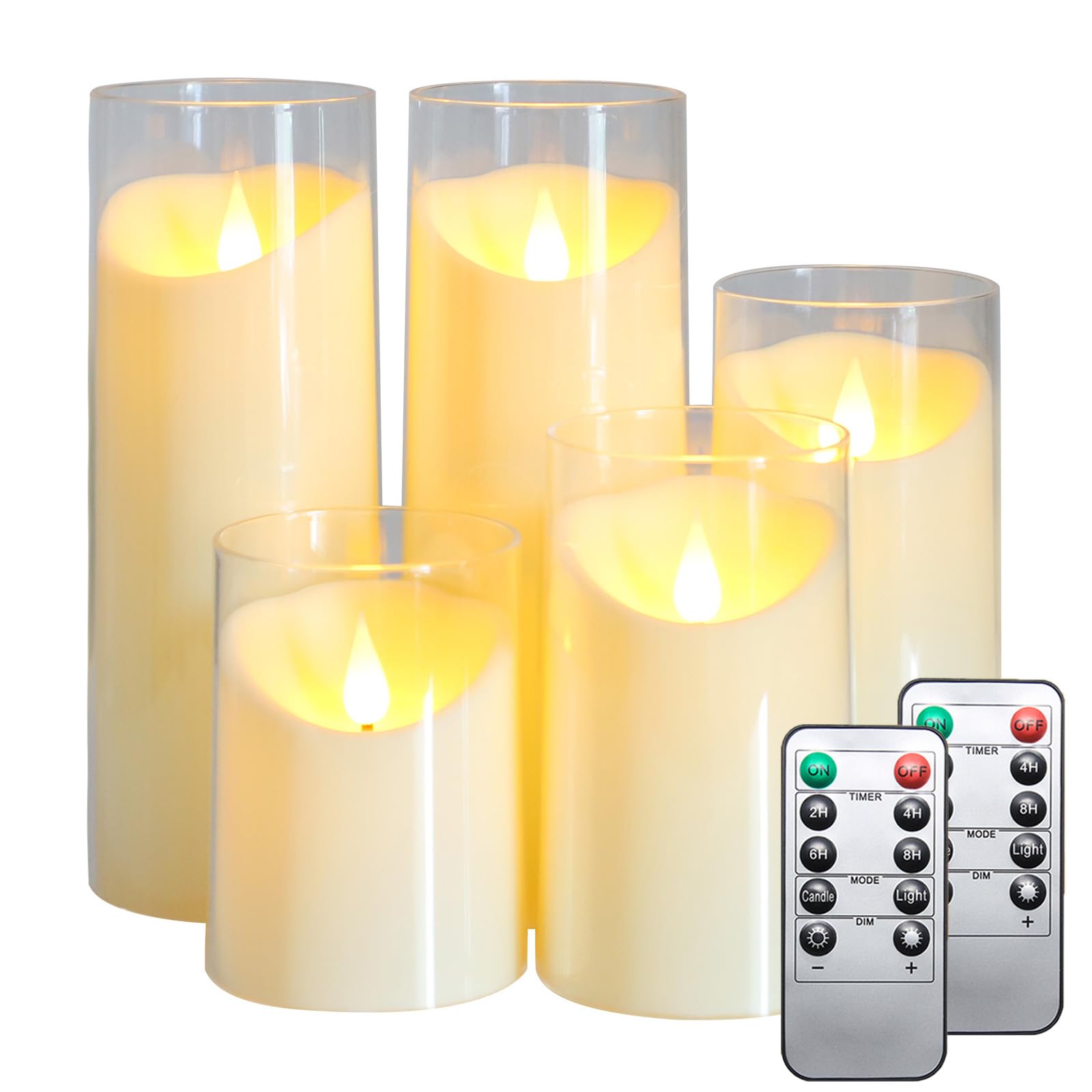 Battery Operated LED Flameless Pillar Candles Set of 5 with Remote & Timer - Ivory Plexiglass Flickering Candles (3
