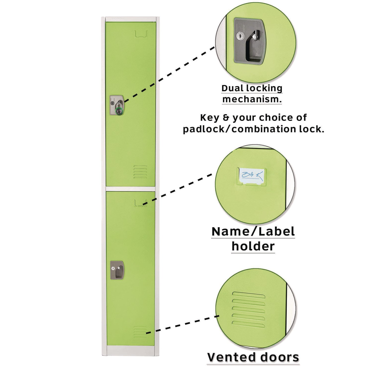 AdirOffice Steel Storage Locker - 2 Compartment Metal Locker Cabinet, 12x12x72 Inches, Green - Perfect for Schools, Gyms & Office Storage Organization