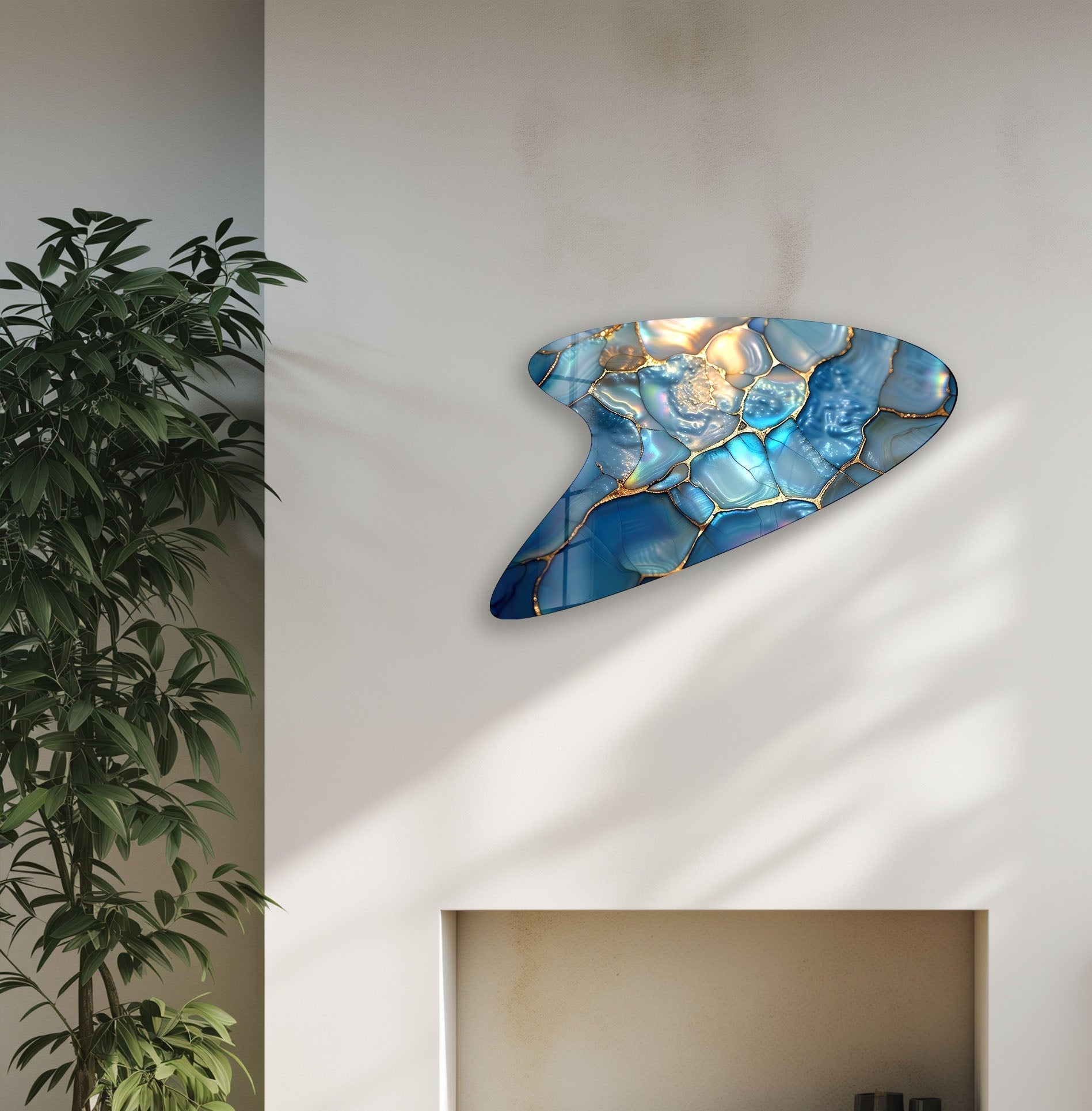Abstract Blue Marbled Glass Wall Art - Modern Handmade Home Decor for Living Room, Bedroom & Office - Unique Textured Glass Panel for Contemporary Interior Design