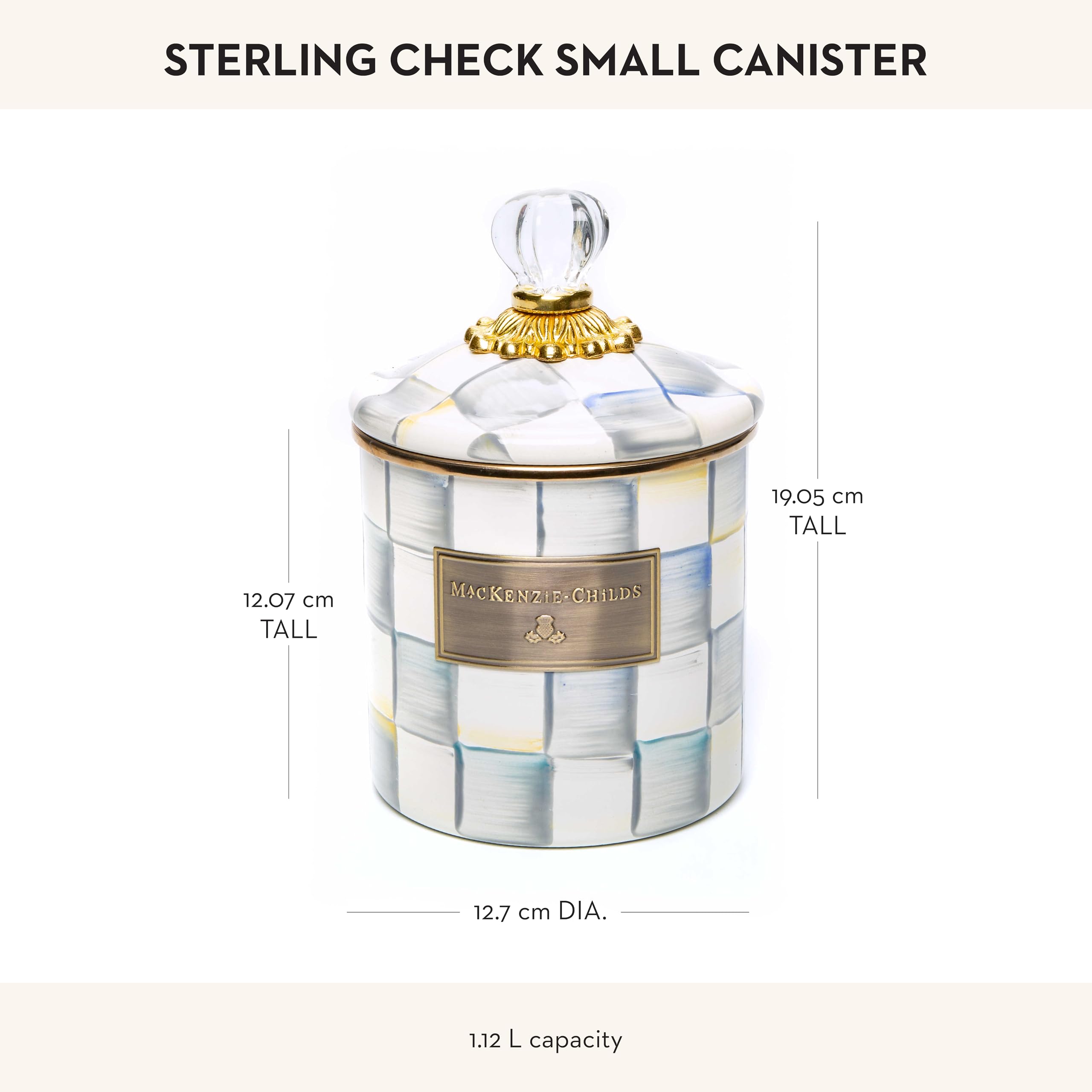 Mackenzie-Childs Small Enamel Canister - 1.13L Kitchen Storage Container for Flour, Sugar & Dry Goods - Grey & White Sterling Check Design - Perfect for Pantry Organization & Farmhouse Style Decor