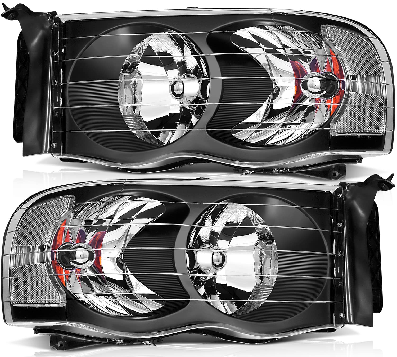 Dodge Ram 1500 2500 3500 Headlight Assembly (2002-2005) - Black Housing, Clear Reflector & Lens - Driver & Passenger Side - Perfect for Night Driving & Off-Road Adventures
