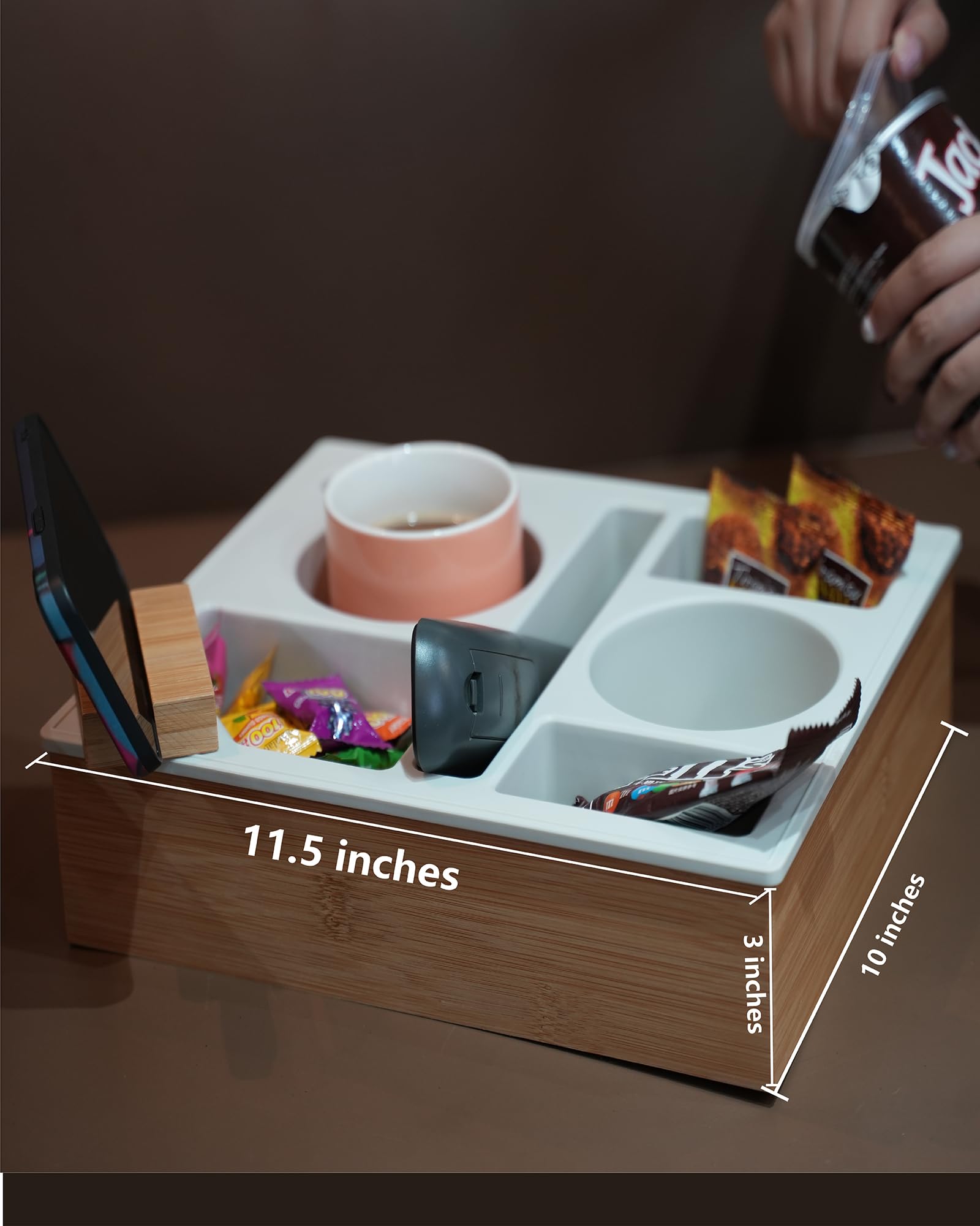 Hitseon Rotatable Silicone Bamboo Couch Cup Holder Tray - Waterproof Anti-Spill Sofa Caddy with Phone Holder for Bed, Car Seat & Living Room - Perfect for Snacks, Beverages & Remote Control (White) - Ideal for Movie Nights, Road Trips & Relaxing at Home