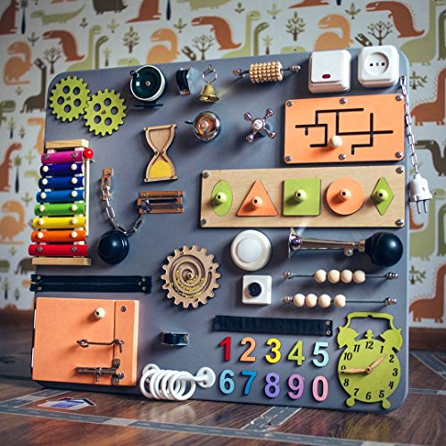 SmartKids-3 Premium European Handmade Wooden Busy Board - Montessori Learning Toy with Clever Puzzles, Locks & Latches - Grey Orange Green - Toddler Educational Activity Board for Home & Travel Play