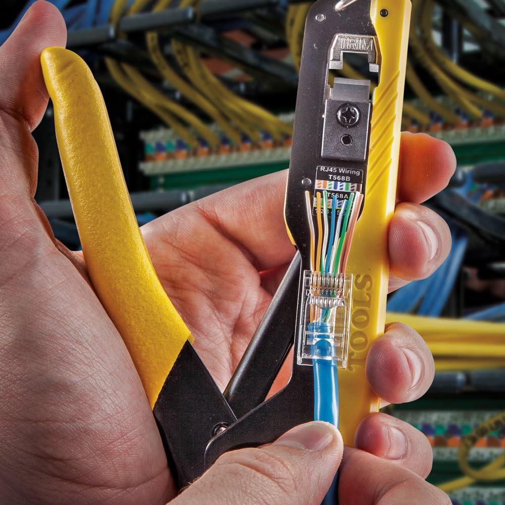 Klein Tools 80017 CAT6 Pass-Thru Crimper & 50-Pack Modular Plug Kit - Professional Data Cable Installation Tool Set for Network Wiring & Ethernet Connections