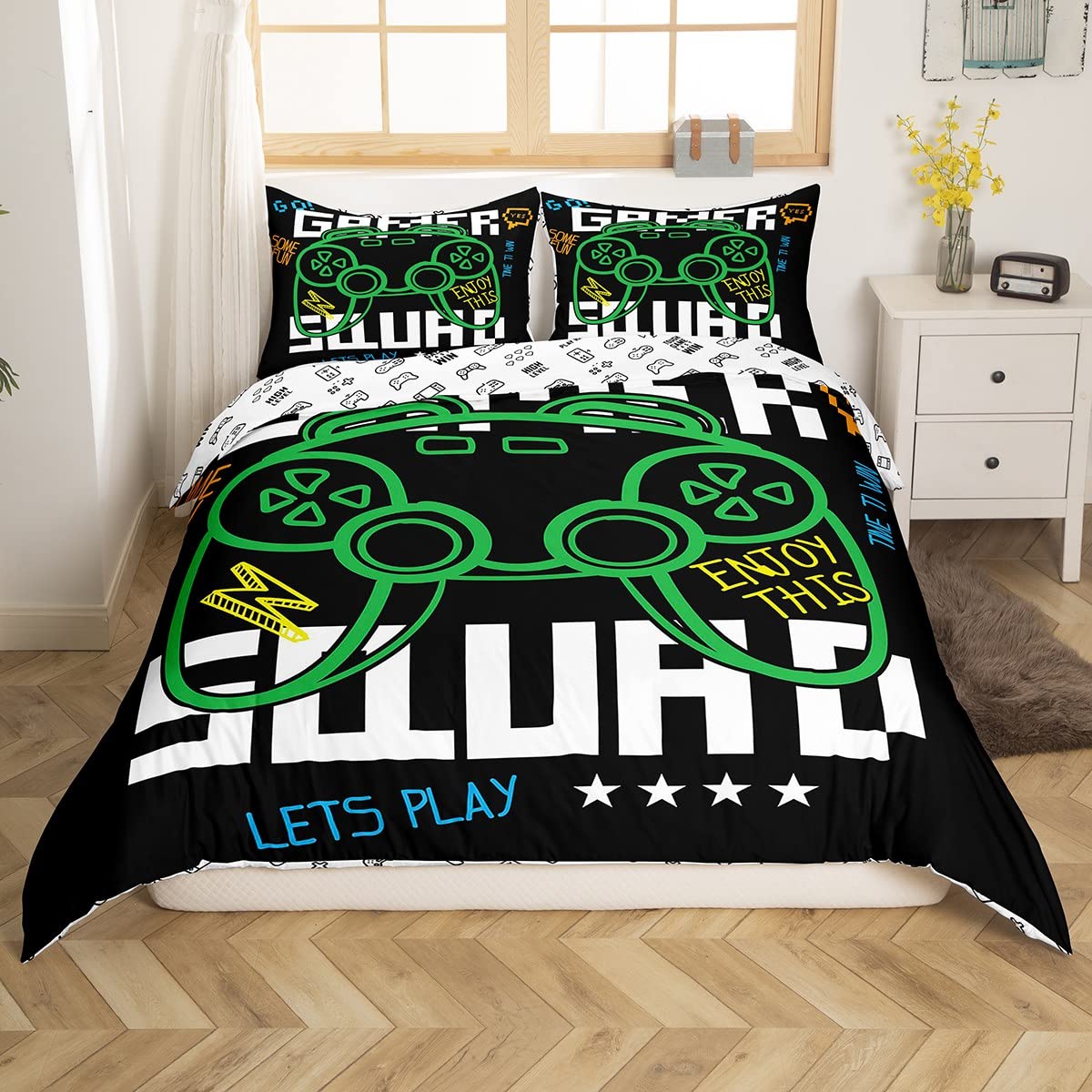 Erosebridal King Size Video Game Duvet Cover Set - Green Cartoon Gamer Pattern Comforter Cover, Electronic Theme Quilt Set (3Pcs) for Kids, Teens & Adults - Soft, Breathable Bedding - Perfect for Gaming Rooms, Teen Bedrooms & Gift Giving