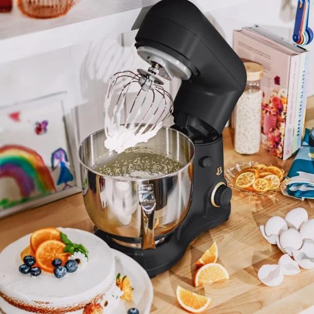 **Drew Barrymore 5.3 Qt Stand Mixer with Tilt-Head – Lightweight, Powerful 300W Motor, 12 Speed Settings – Includes Beater, Whisk, Dough Hook & Splash Guard – Perfect for Baking Cakes, Cookies & Bread (Black Sesame)**