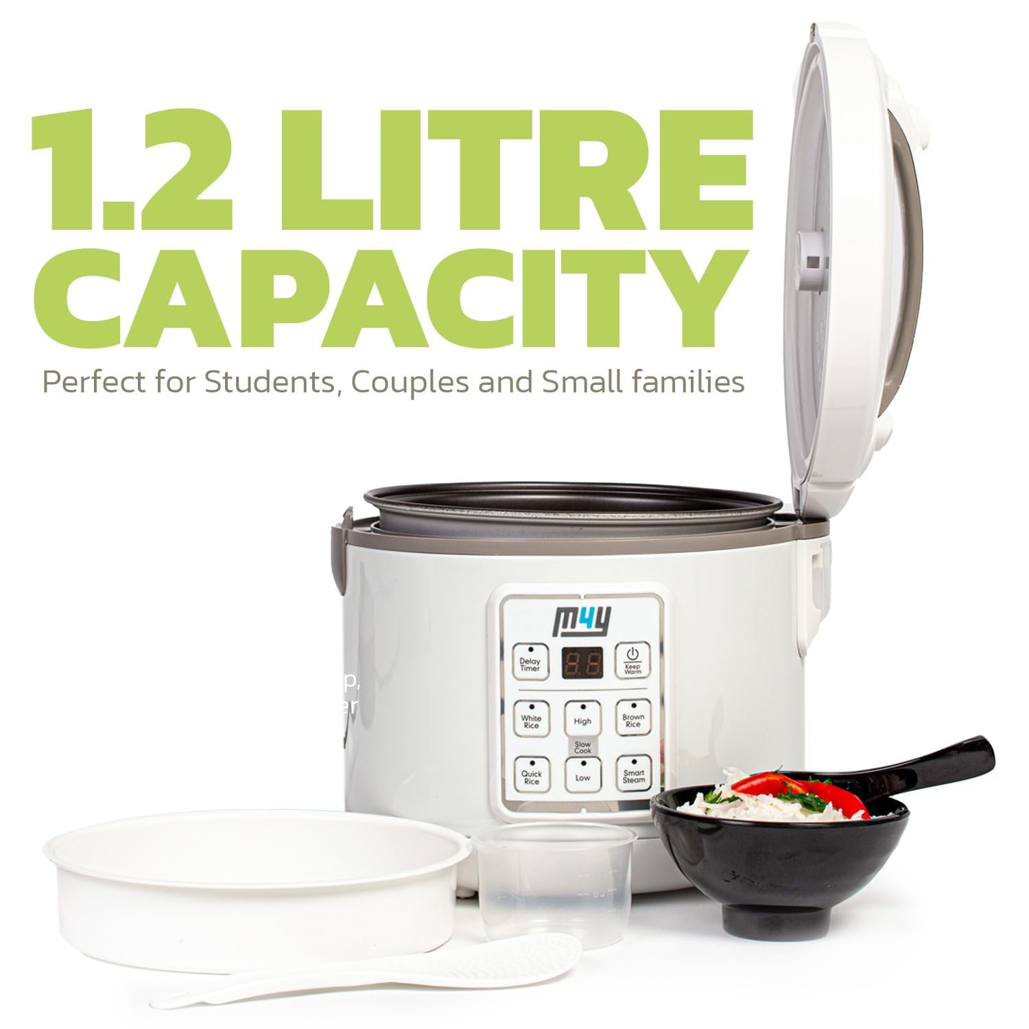 M4Y 1.2L Multi-Functional Rice Cooker with Slow Cooker & Steamer - 6-Cup Capacity for 1-6 People | Keep Warm, Delay Timer, Premium Non-Stick Inner Pot | Includes Spatula & Measuring Cup | Perfect for Rice, Soups, Stews & Meal Prep | Quick & Easy Cooking for Families, Dorms & Small Kitchens