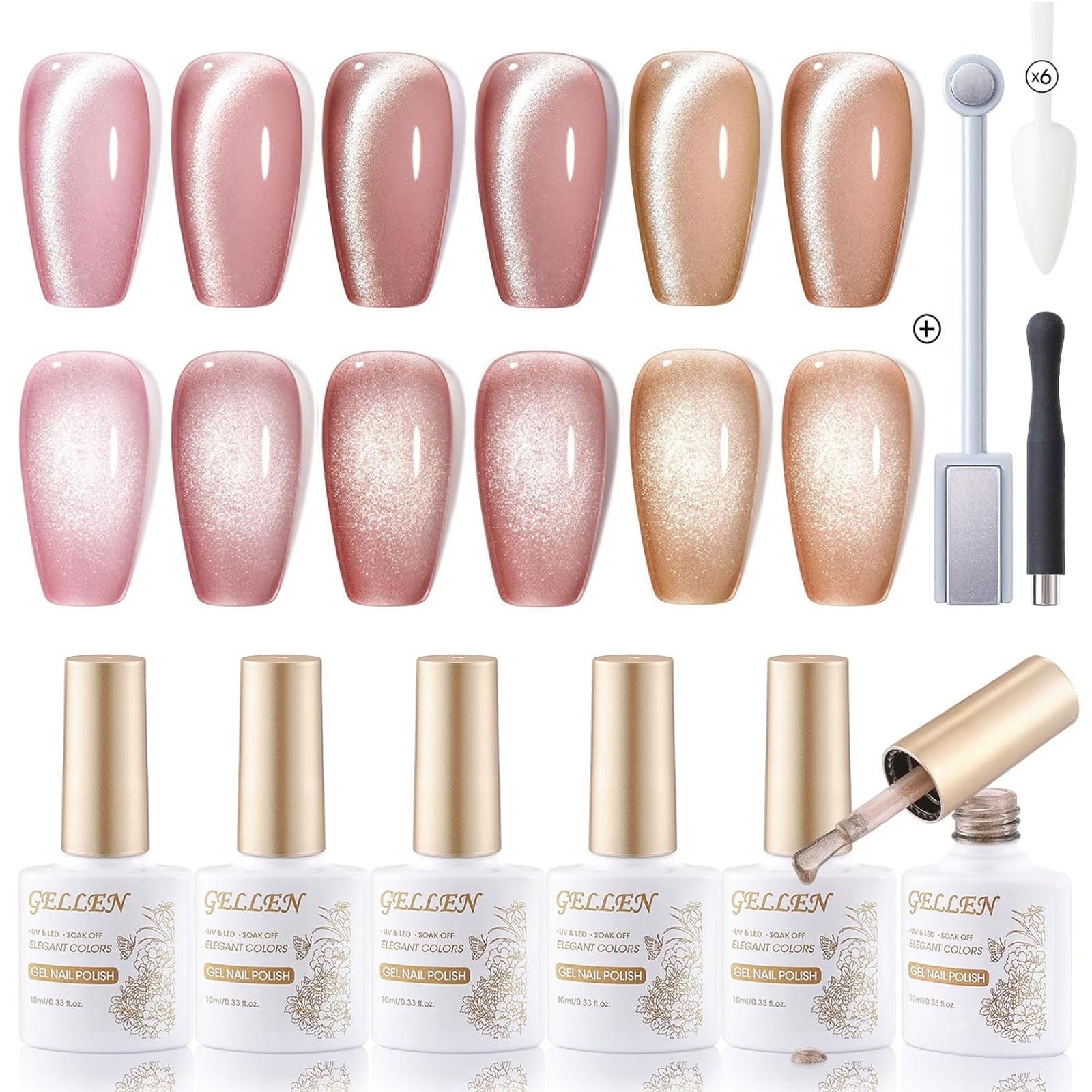 Gellen Glitter Cat Eye Gel Polish Set - 6 Colors for Home Salon & Gifts