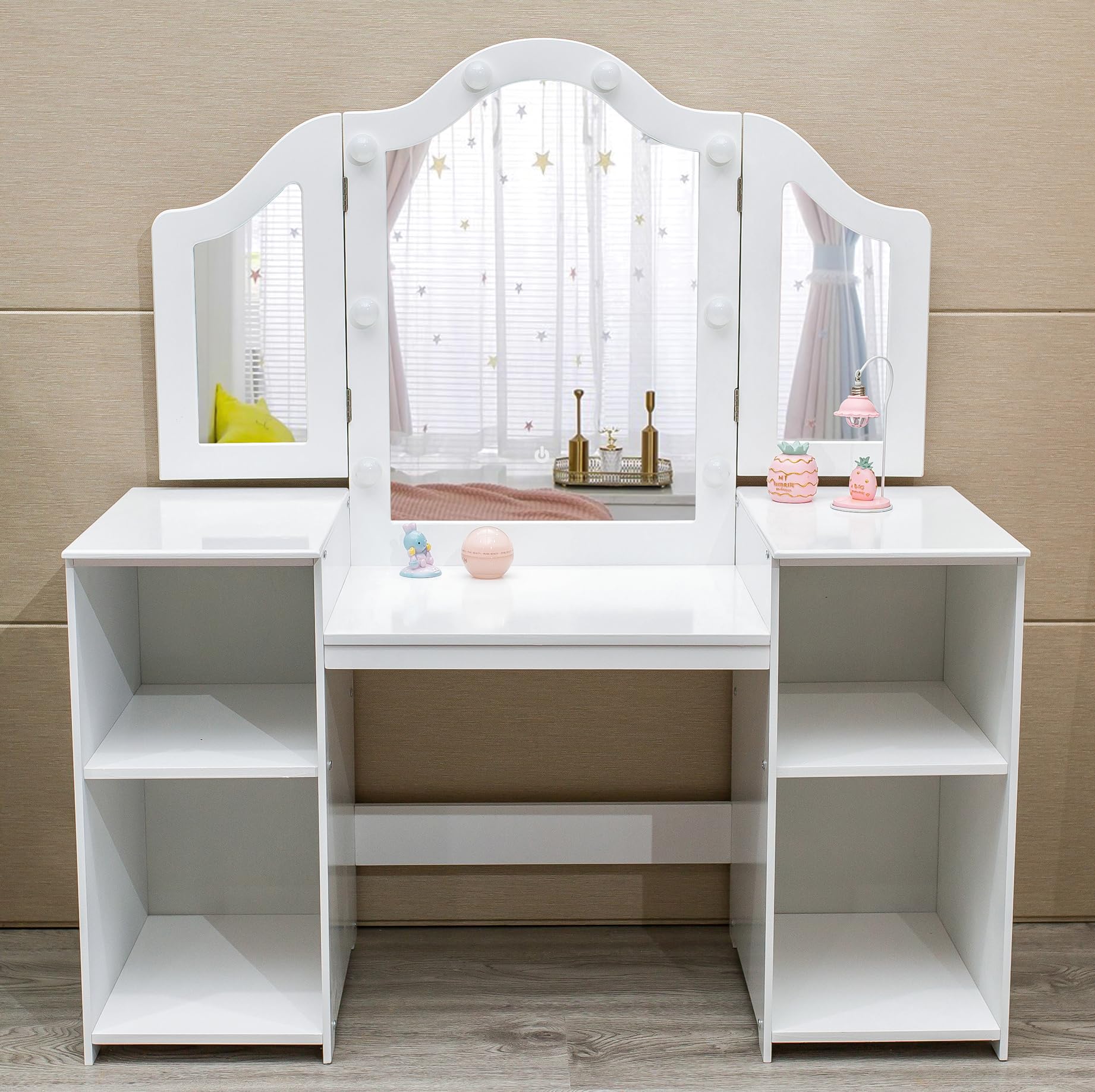 **Princess Vanity Table for Girls - 2-in-1 Wooden Makeup Desk with Touch Light, Detachable Tri-Folding Mirror & Storage Shelves - Kids Playroom Decor & Pretend Play Set with Chair**    *(Perfect for Birthday Gifts, Bedroom Decor, and Role-Playing Fun for Little Girls!)*