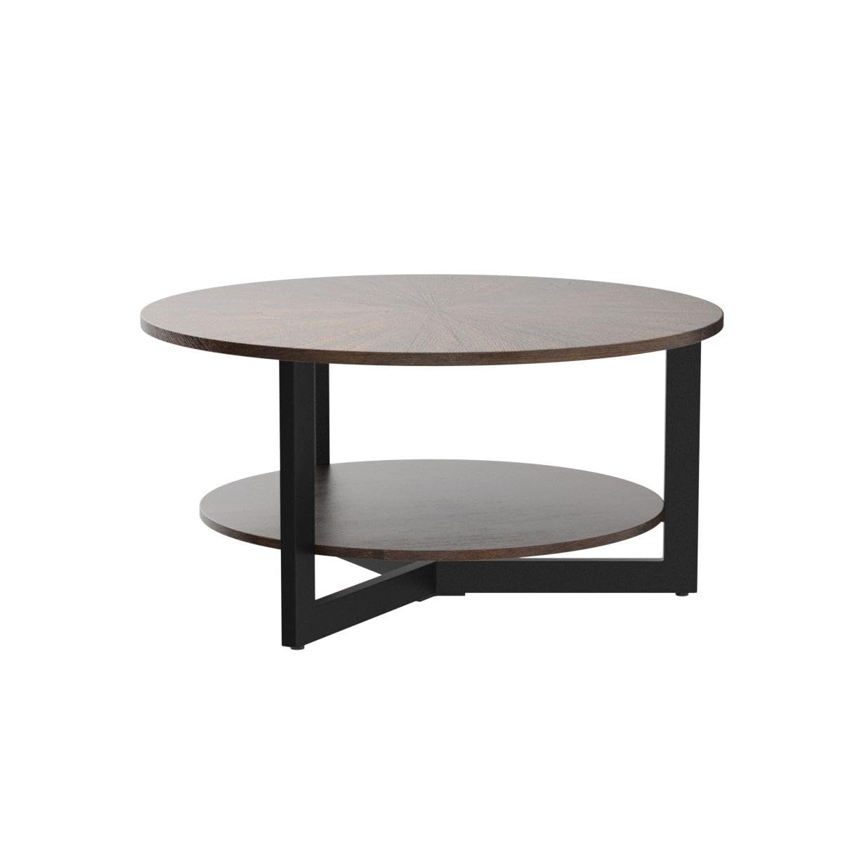 Modern Round Coffee Table with Storage - 2-Tier Solid Wood Living Room Coffee Table with Black Metal Legs, 33.5 x 17.8 Inch, Rustic Brown - Easy Assembly for Small Spaces, Apartments & Cozy Home Decor (KFZ-1338-NC)