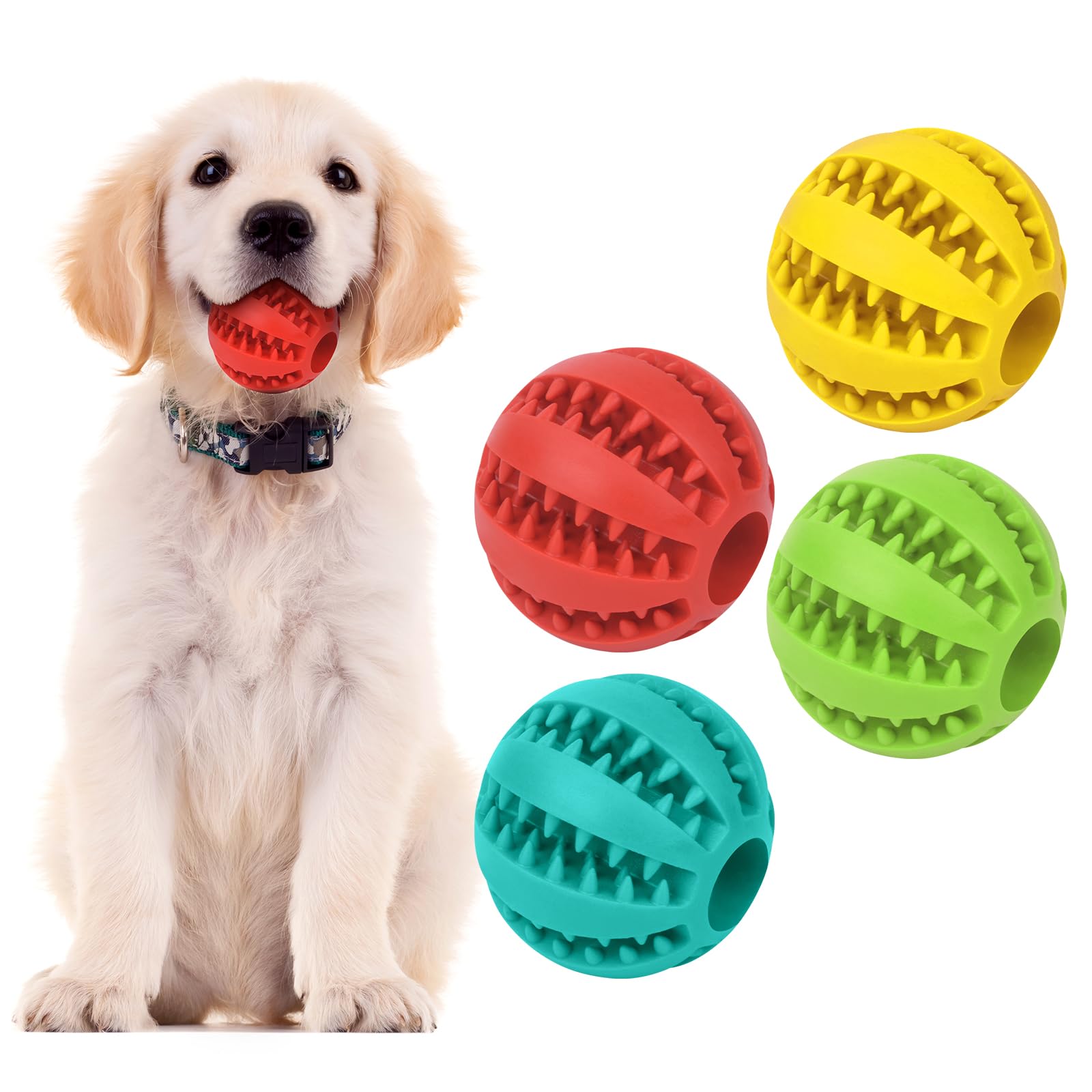 Flintronic 4-Pack Natural Rubber Dog Chew Toy Balls with Mint Flavor - Interactive Puzzle Feeder & Teeth Cleaning Toy for Small to Medium Dogs (5cm) - Perfect for Training, Enrichment & Dental Health