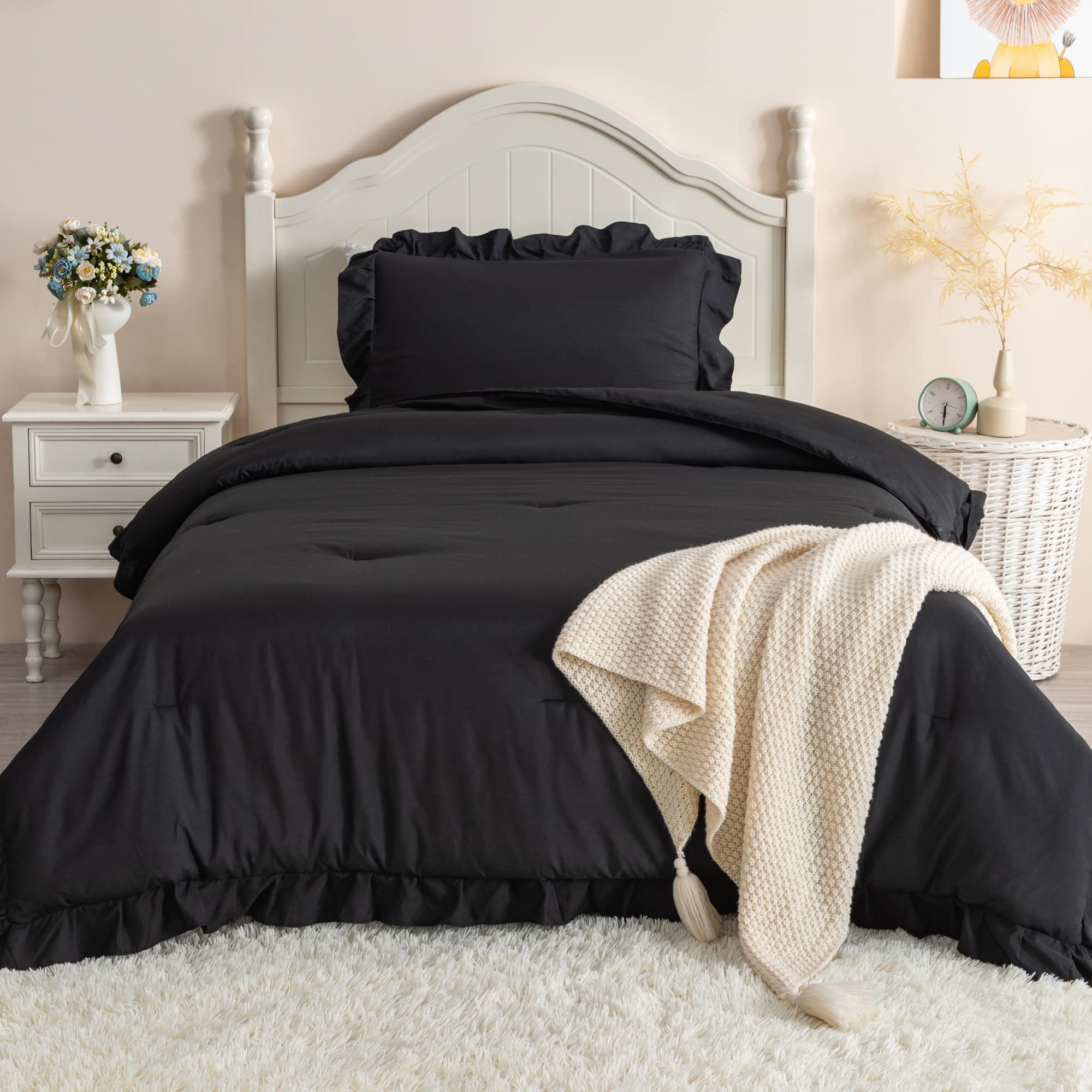 Andency Twin Size Comforter Set Black - 2 Piece Kids Bedding Set with Ruffle Farmhouse Design, Soft Microfiber Comforter for Boys & Girls - Perfect for Twin Beds, Kids' Rooms, Dorm Rooms & Cozy Farmhouse Decor