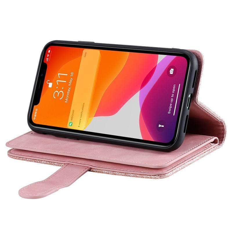 Premium 9 Cards Zipper Flip Leather Case for iPhone 13 Pro Max - RFID Blocking Wallet Phone Cover for Daily Use, Travel & Business