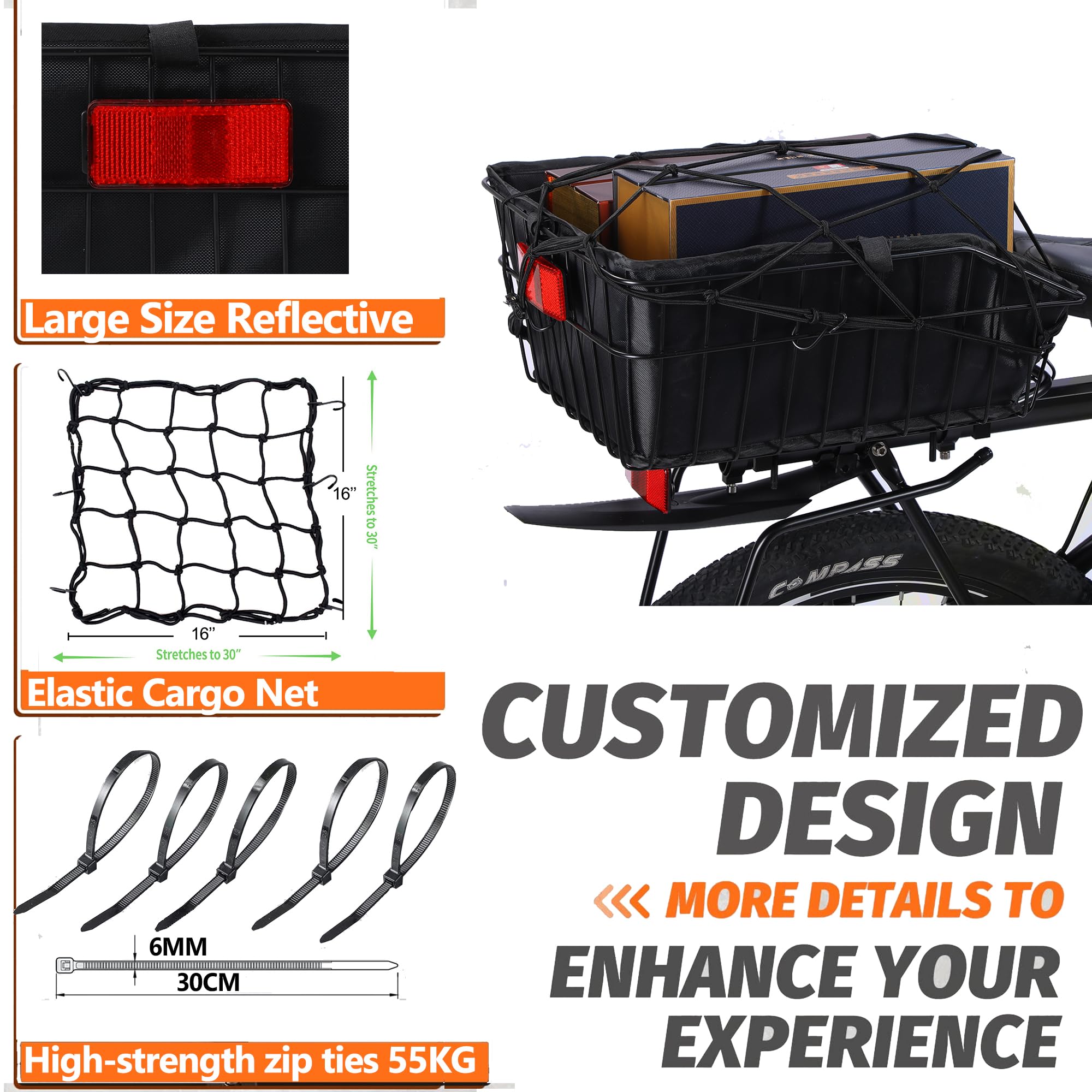 Rear Bike Basket with Liner - Large Waterproof Bicycle Rear Basket with Cargo Net - Perfect for Bike Trips, Grocery Shopping & Heavy Loads - Ideal for Commuting, Picnics & Outdoor Adventures