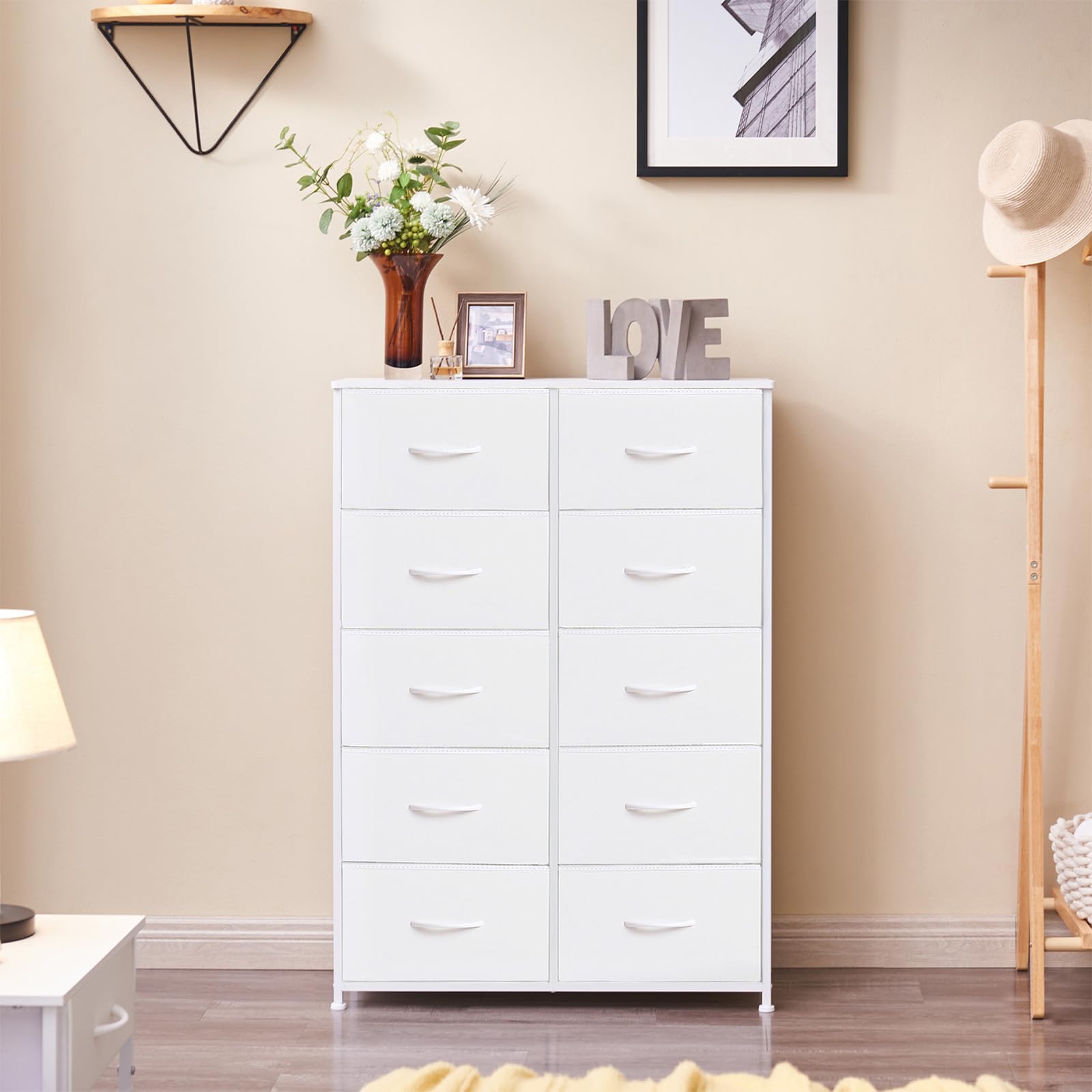 Tall 10-Drawer Dresser with Fabric Bins - White Leather Storage Organizer for Bedroom, Nursery & Living Room