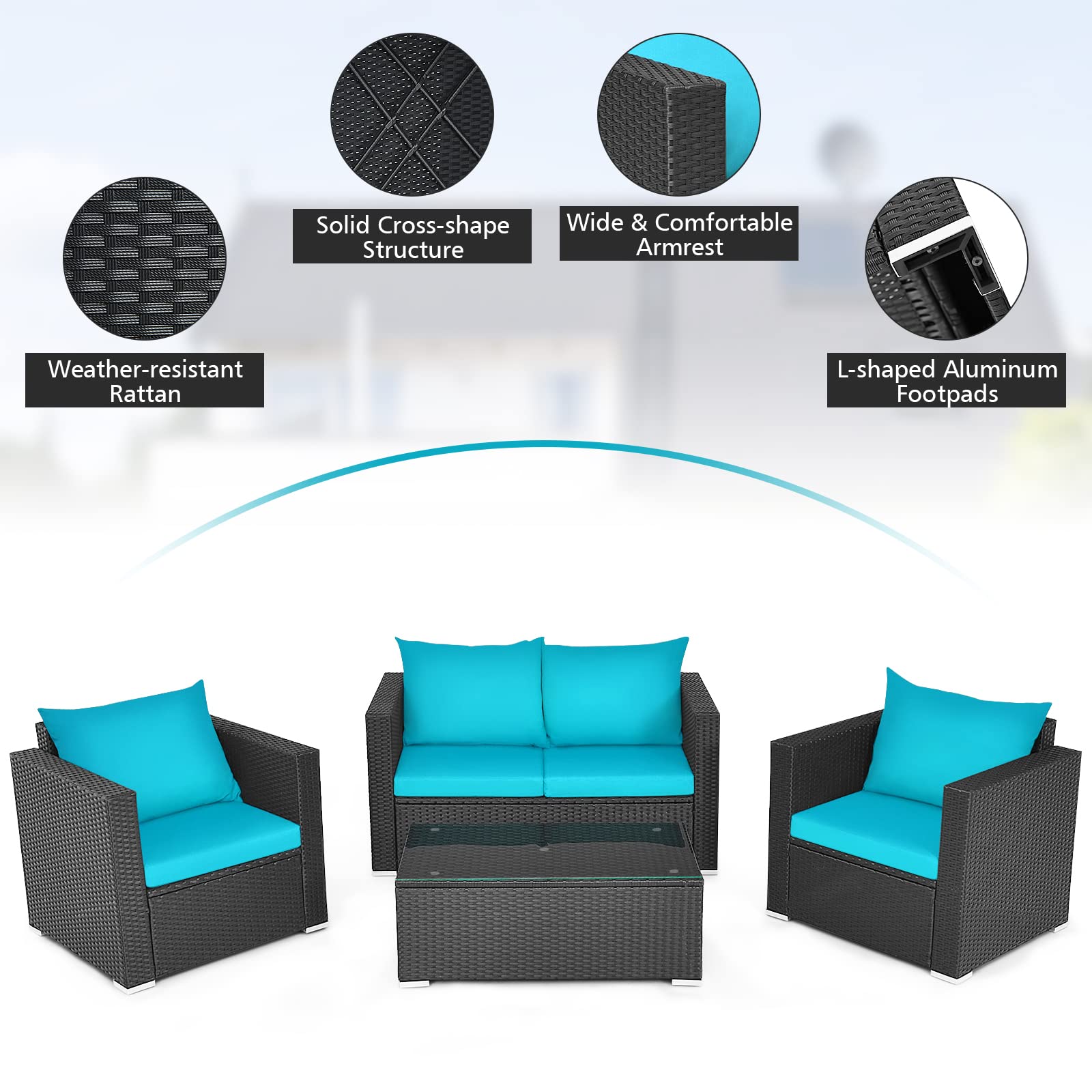 Tangkula 4-Piece Outdoor Patio Furniture Set - Rattan Wicker Sofa Sectional with Cushions & Tempered Glass Coffee Table - Turquoise Conversation Set for Garden, Backyard, Poolside & Courtyard Relaxation