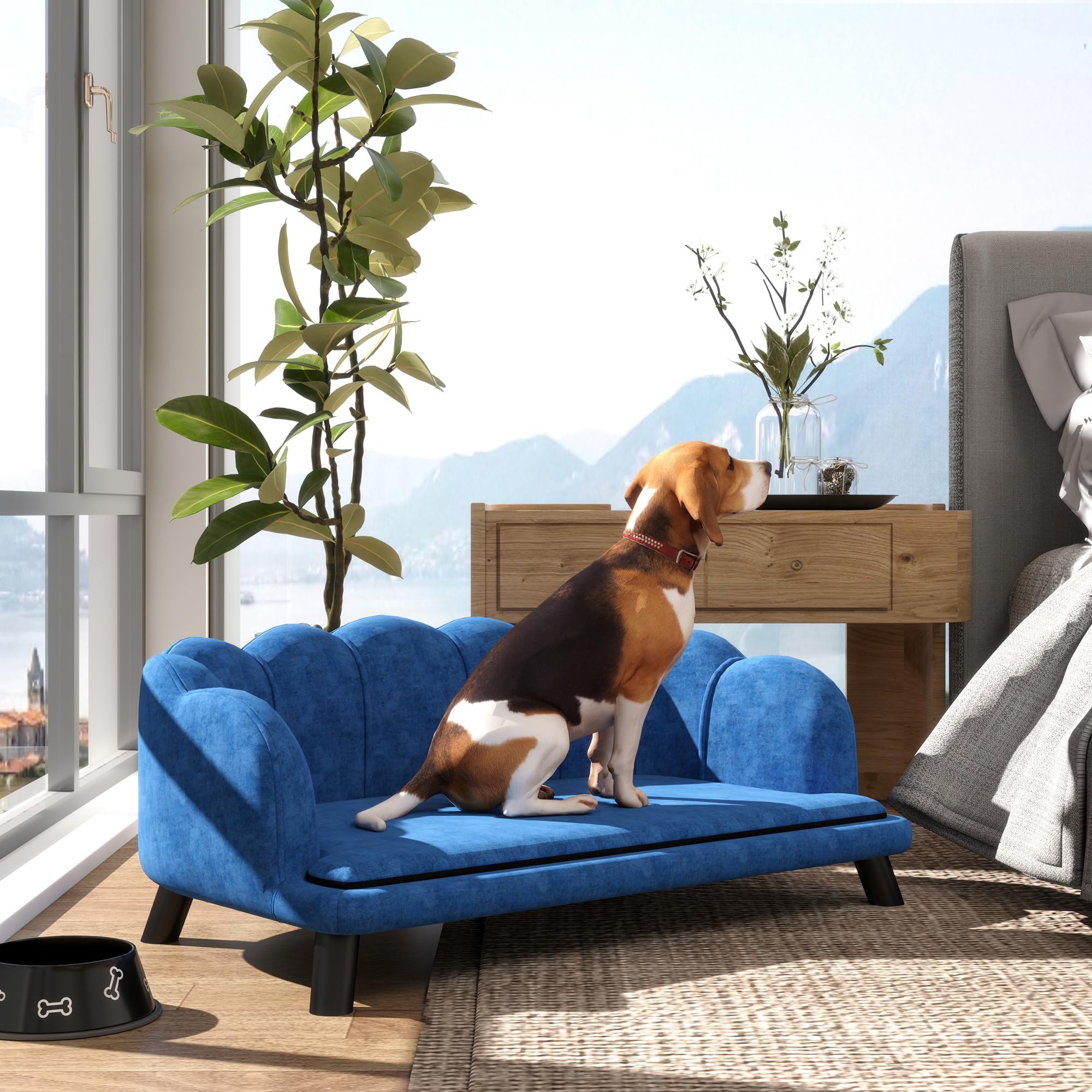 PawHut Velvet Large Dog Couch with Foam Cushion - Soft & Cute Dog Bed with Pearl Design for Medium & Big Dogs - Dark Blue Pet Sofa for Living Room, Bedroom & Pet-Friendly Spaces
