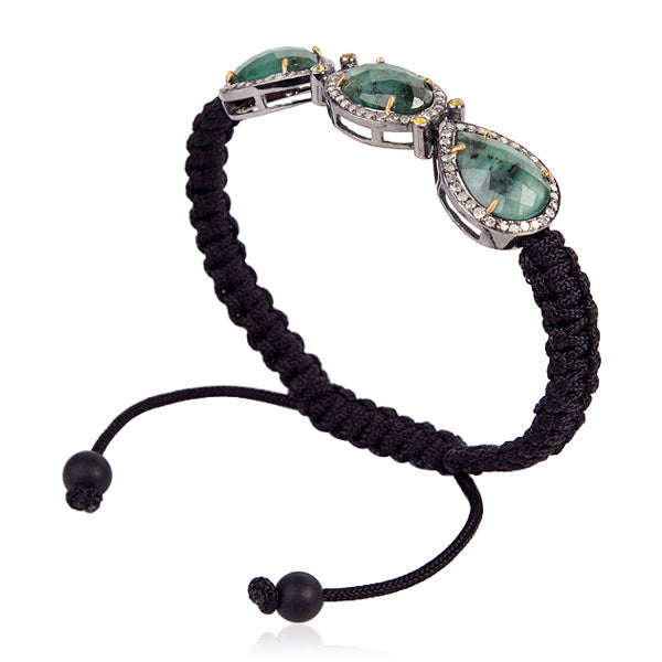 Emerald Onyx Macrame Bracelet - Diamond Sterling Silver & 18K Gold Jewelry for Women - Handmade Boho Chic Bracelet for Everyday Wear, Gift Giving & Special Occasions