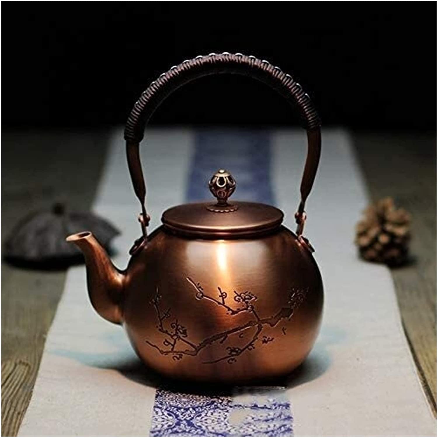Handmade Solid Copper Stovetop Teapot - Thick Engraved Traditional Tea Kettle for Gas & Induction - Perfect for Home Brewing, Gift & Decoration (Size A)
