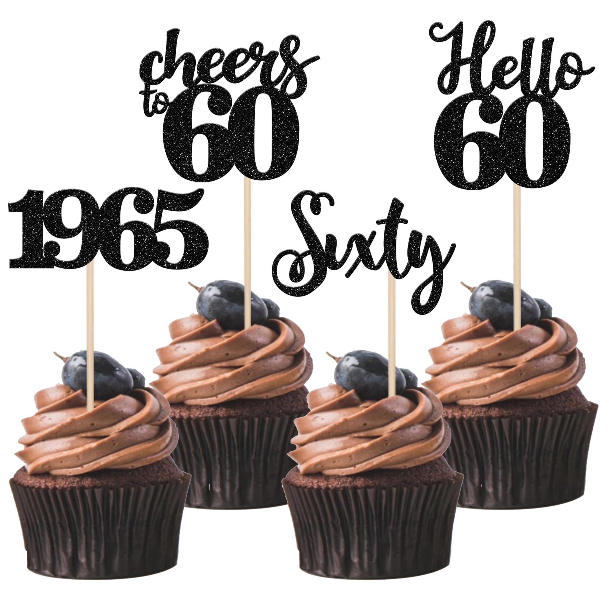 24 PCS Black Glitter 60th Birthday Cupcake Toppers - Hello 60 Sixty Cake Decorations for Happy 60th Birthday, Retirement Party, Anniversary - Cheers to 60 Since 1965 - Perfect for Milestone Celebrations & Cake Decorating Supplies