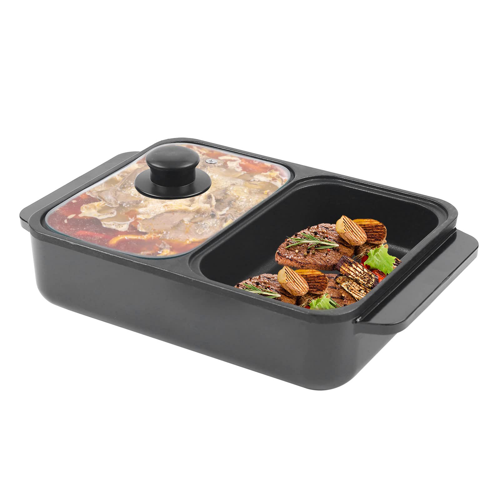 2-in-1 Electric Hot Pot & Grill - Non-Stick Indoor Smokeless Korean BBQ with Independent Temperature Control, Portable Multi-Cooker for 1-2 People (Black) | Perfect for Dorm Rooms, Small Apartments & Camping Trips