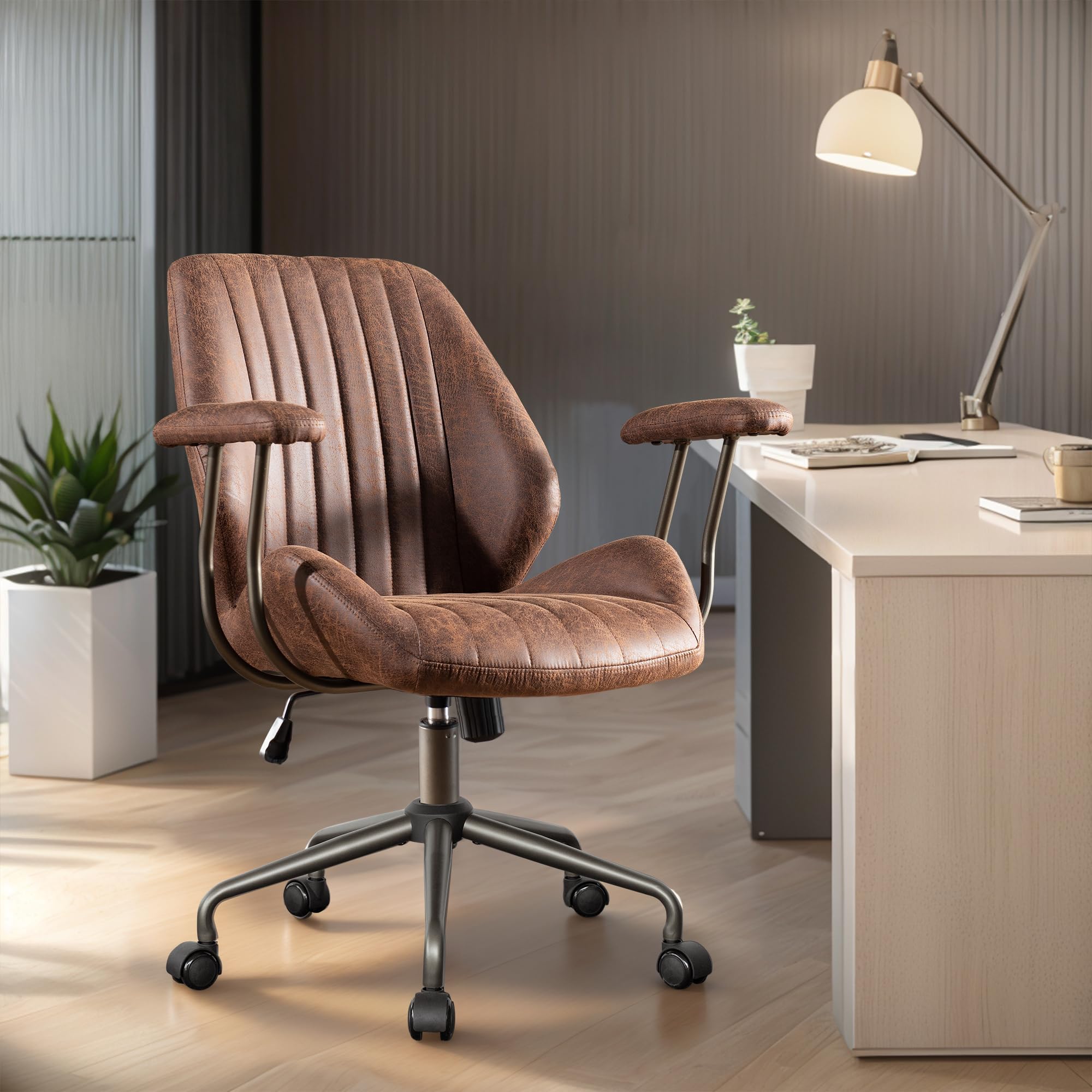 Ergonomic Adjustable Height Office Chair with Lumbar Support & Armrests - Mid Century Modern Dark Brown Executive Desk Chair for Home Office - Perfect for Long Work Hours & Video Conferencing