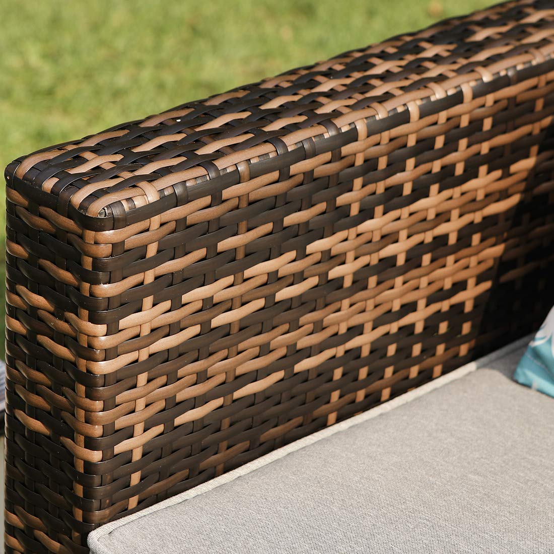 All-Weather Mottlewood Brown Wicker Patio Chair with Thick Gray Cushions & Teal Pattern Pillow - Durable Outdoor Furniture for Garden, Poolside, and Deck Relaxation