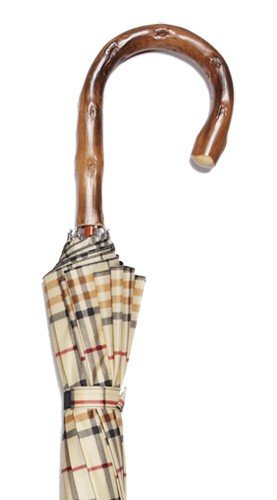 Premium Tartan Tan Umbrella with Natural Congo Wood Crook Handle - Auto Open 27.5