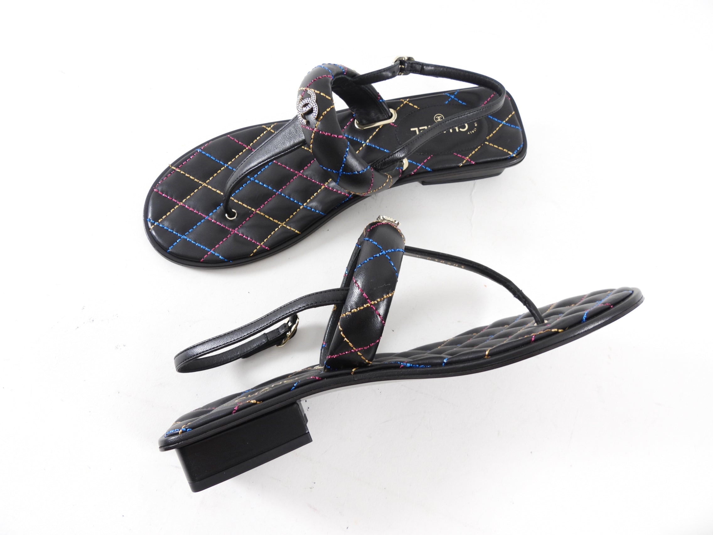 Chanel 21K Black Multi Quilted CC Logo Thong Sandals - Size 40 | Luxury Designer Flip Flops for Women, Beach Vacation & Summer Outfits