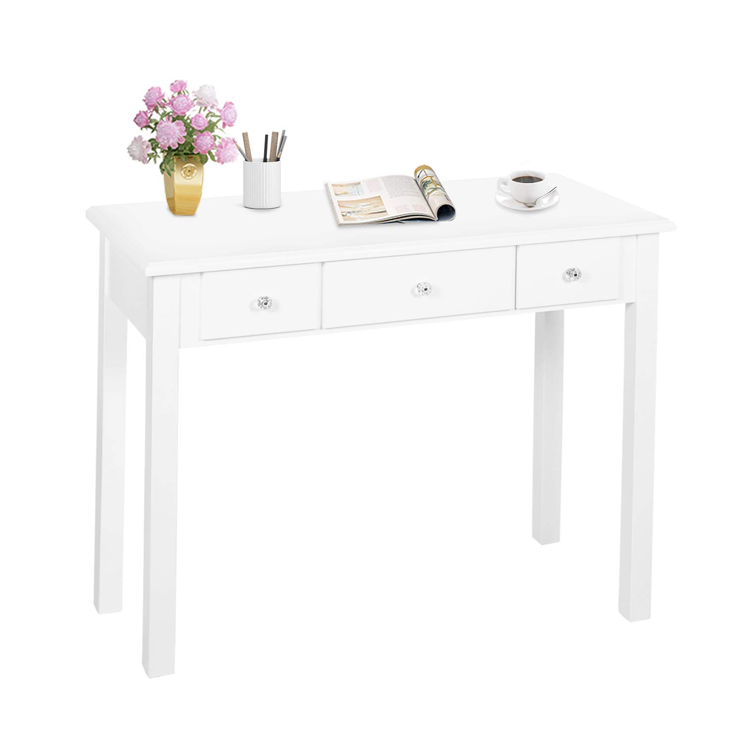 STHOUYN Compact White Writing Desk with Drawers - Space-Saving Home Office Desk, Study Table for Adults & Students, Vanity Makeup Dressing Table - Perfect for Small Bedrooms, Apartments & Dorm Rooms (White)