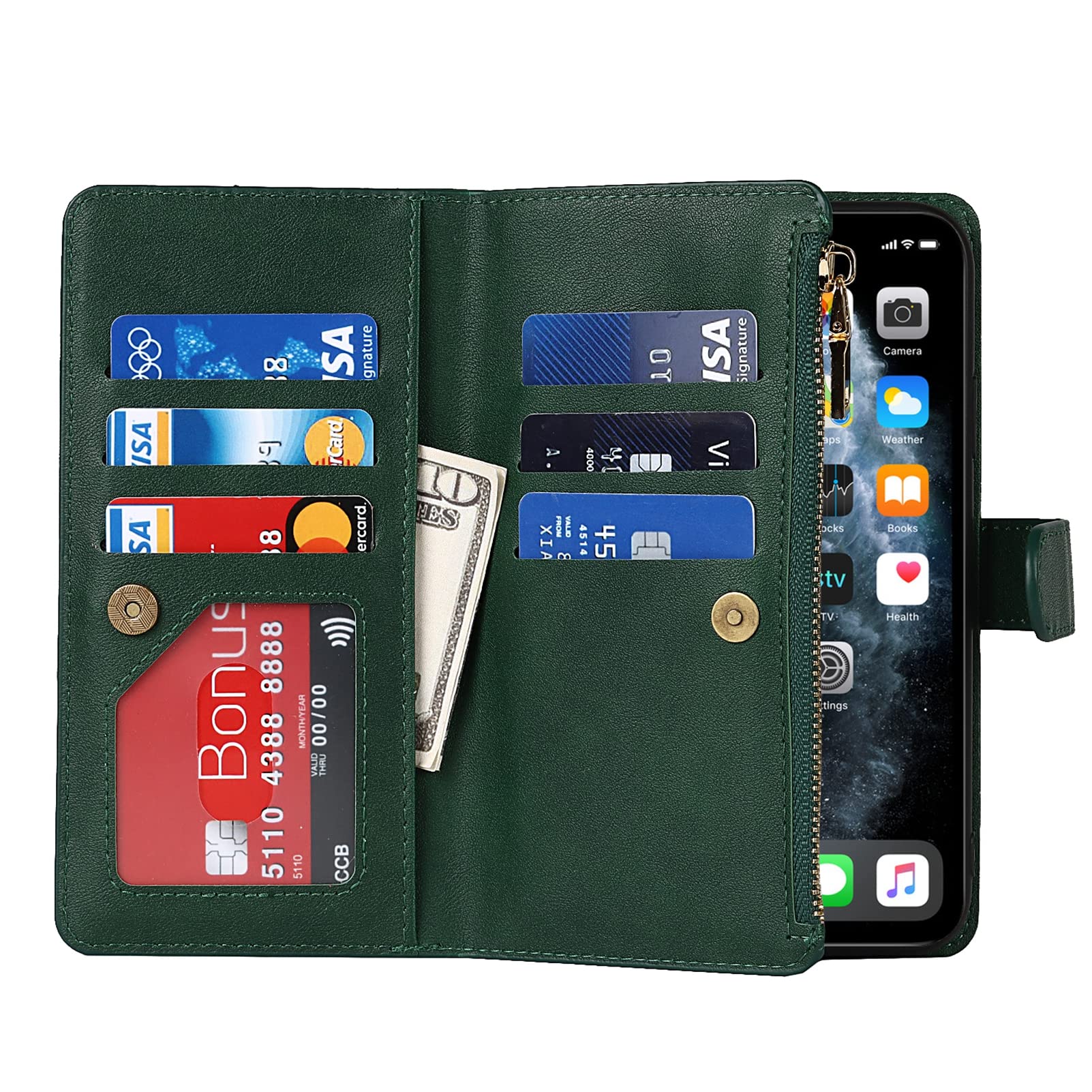 Jaorty iPhone 11 Pro Max Wallet Case (6.7 Inch) - PU Leather Phone Case with Card Holder, Zipper Pocket & Adjustable Strap - Dark Green - Perfect for Everyday Use, Travel & Hands-Free Convenience