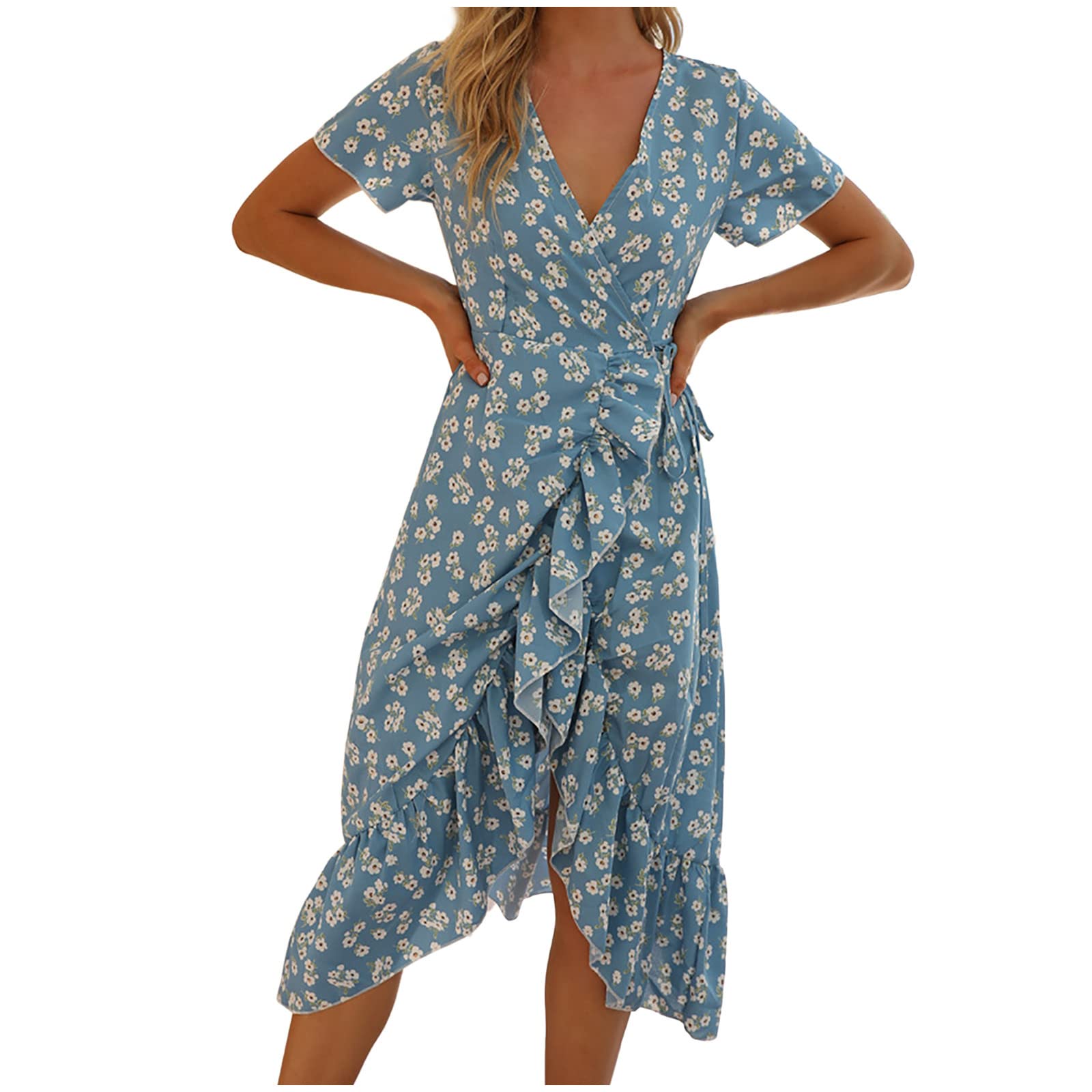 Women's Summer Wrap Maxi Dress - Casual Boho Wrap V-Neck Waist Tie Ruffle Hem Split Beach Long Dresses for Vacation, Pool Party & Date Night