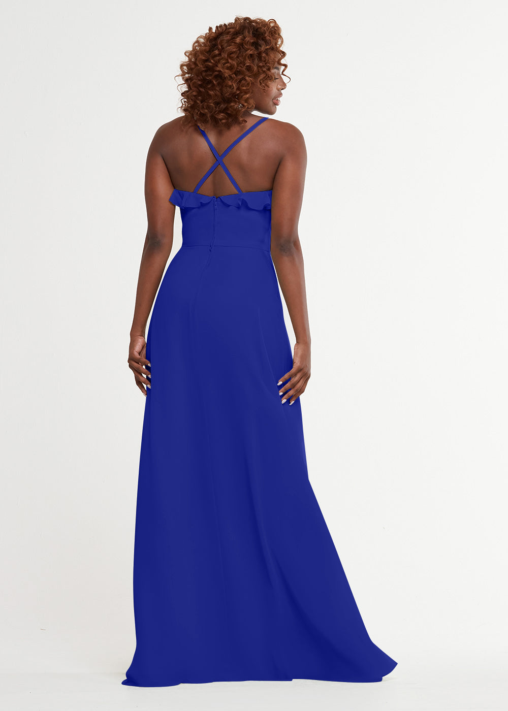 Elegant 80174 Chiffon A-Line Bridesmaid Dress with Ruffles & High Slit - Perfect for Weddings, Formal Events & Special Occasions